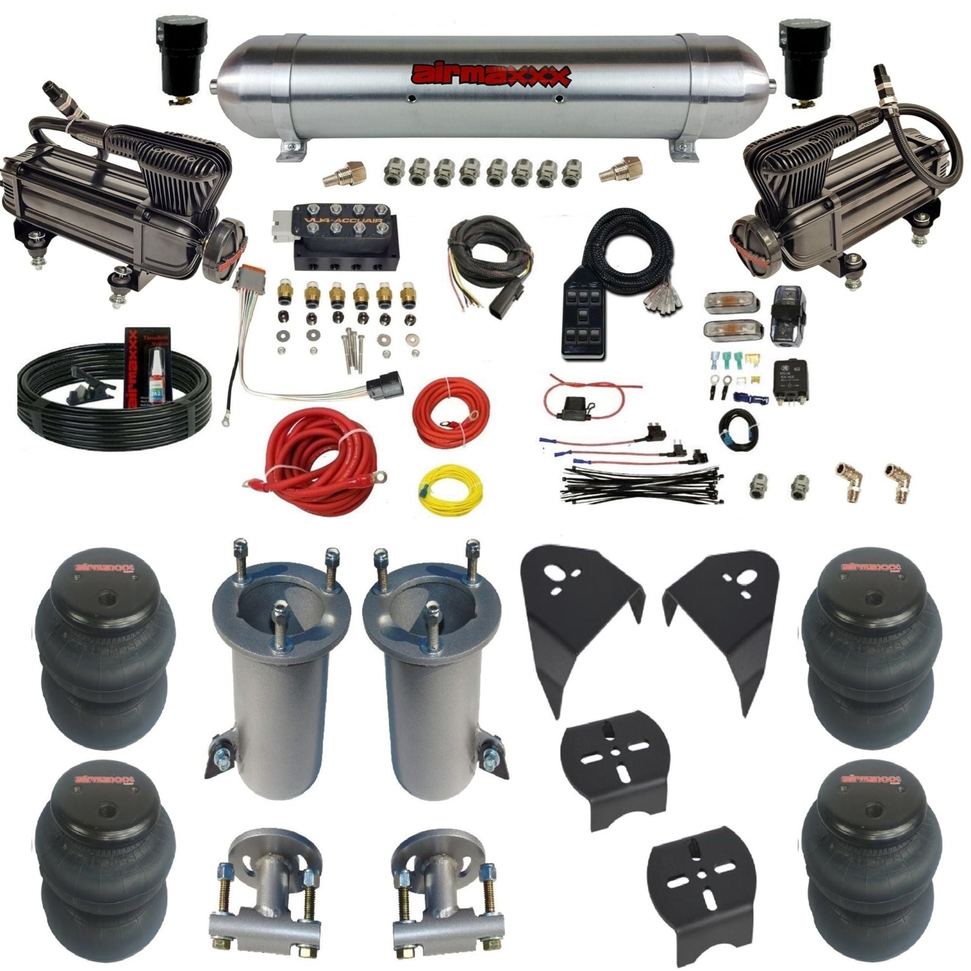AccuAir VU4 air suspension kit with x-series compressors raw aluminum tank 2600 bags for 2007–18 Silverado/Sierra 1500 KGM07-XB2-57ARW-VU4-7BK-WK-HF