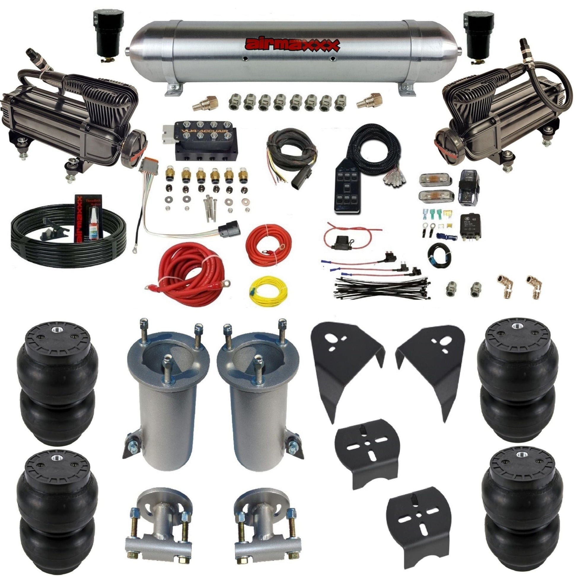 AccuAir VU4 air suspension kit with x-series compressors raw aluminum tank slam bags for 2007–18 Silverado/Sierra 1500 KGM07-XB2-57ARW-VU4-7BK-WK-HFSS7