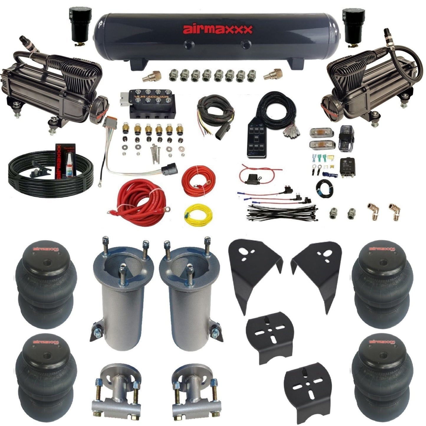 AccuAir VU4 air suspension kit with x-series compressors steel tank 2600 bags for 2007–18 Silverado/Sierra 1500 KGM07-XB2-57S-VU4-7BK-WK-HF