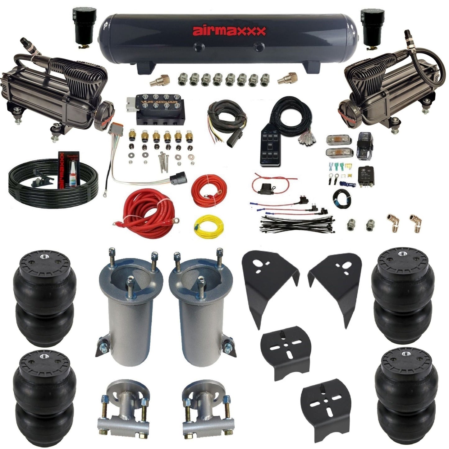 AccuAir VU4 air suspension kit with x-series compressors steel tank slam bags for 2007–18 Silverado/Sierra 1500 KGM07-XB2-57S-VU4-7BK-WK-HFSS7