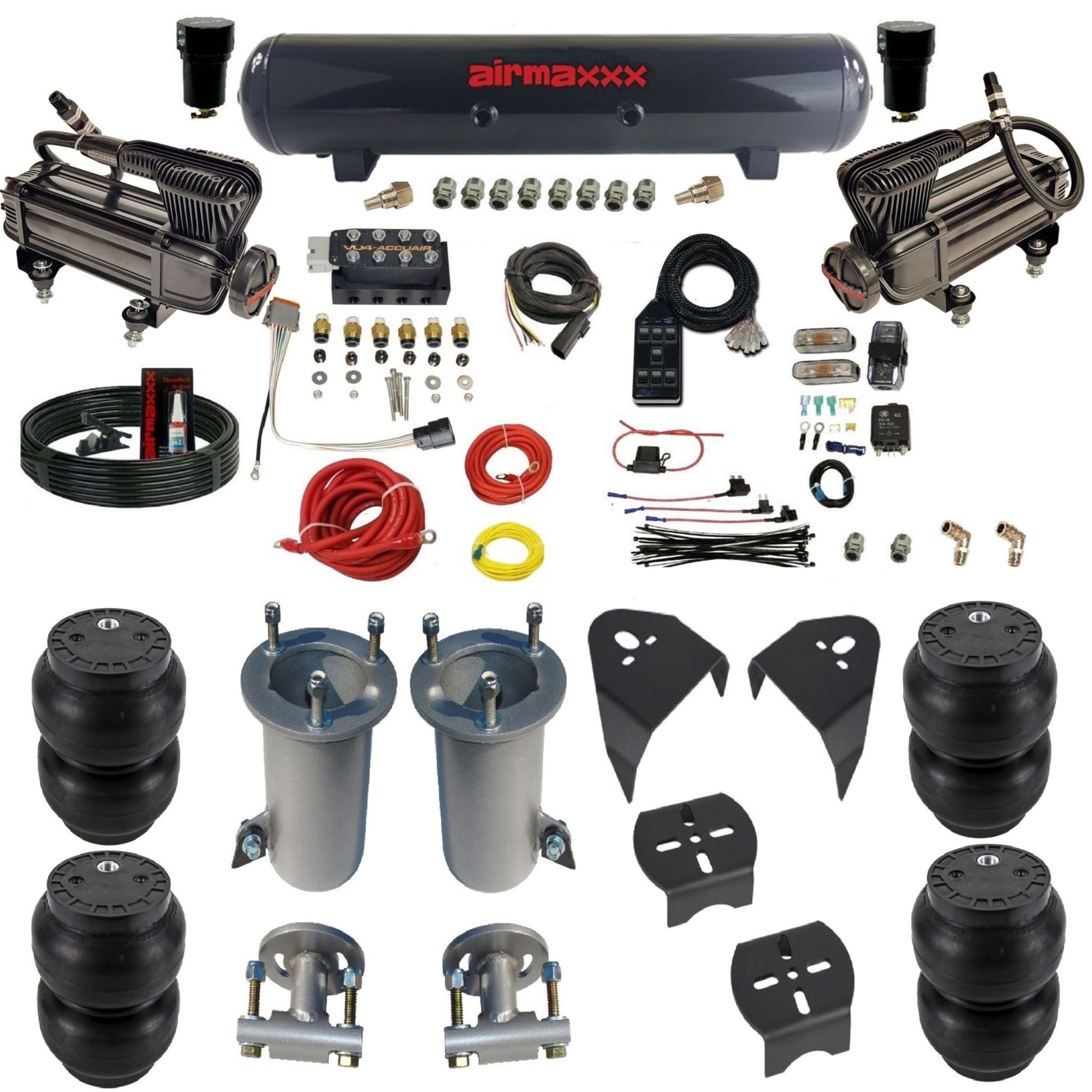 AccuAir VU4 air suspension kit with x-series compressors steel tank slam bags for 2007–18 Silverado/Sierra 1500 KGM07-XB2-57S-VU4-7BK-WK-HFSS7