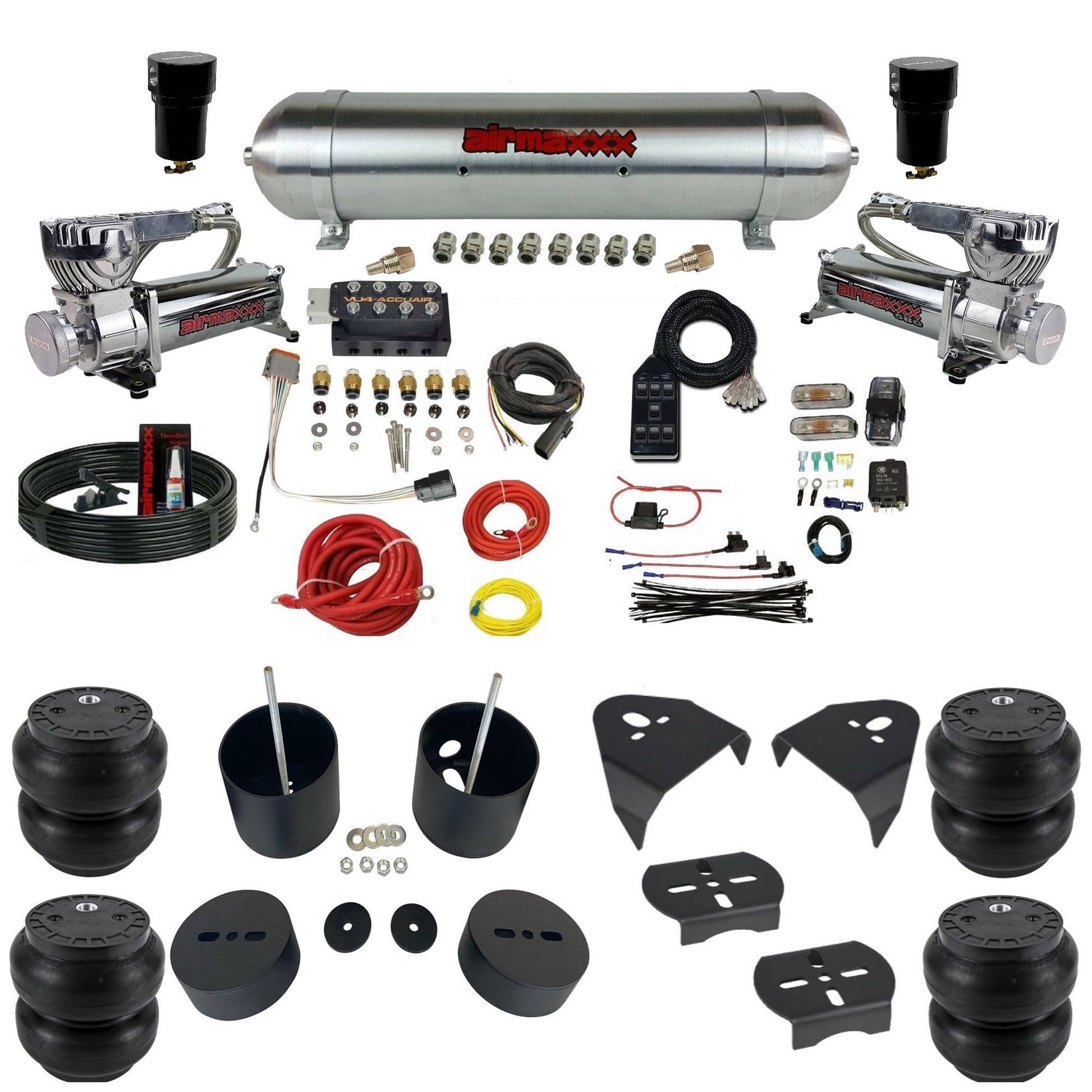 AccuAir VU4 chrome dual 580 compressors raw aluminum tank slam bags air ride kit for 1988–1998 Silverado KGM88-580C2-57ARW-VU4-7BK-WK-HFSS7