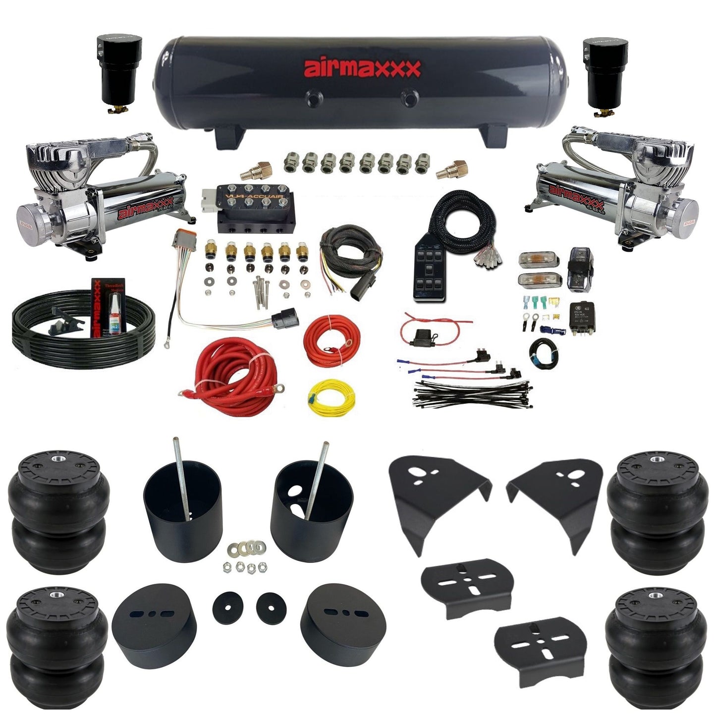 AccuAir VU4 chrome dual 580 compressors steel tank slam bags air ride kit for 1988–1998 Silverado KGM88-580C2-57S-VU4-7BK-WK-HFSS7