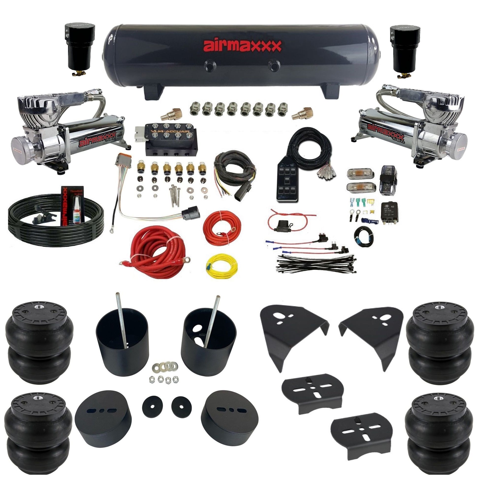 AccuAir VU4 chrome dual 580 compressors steel tank slam bags air ride kit for 1988–1998 Silverado KGM88-580C2-57S-VU4-7BK-WK-HFSS7