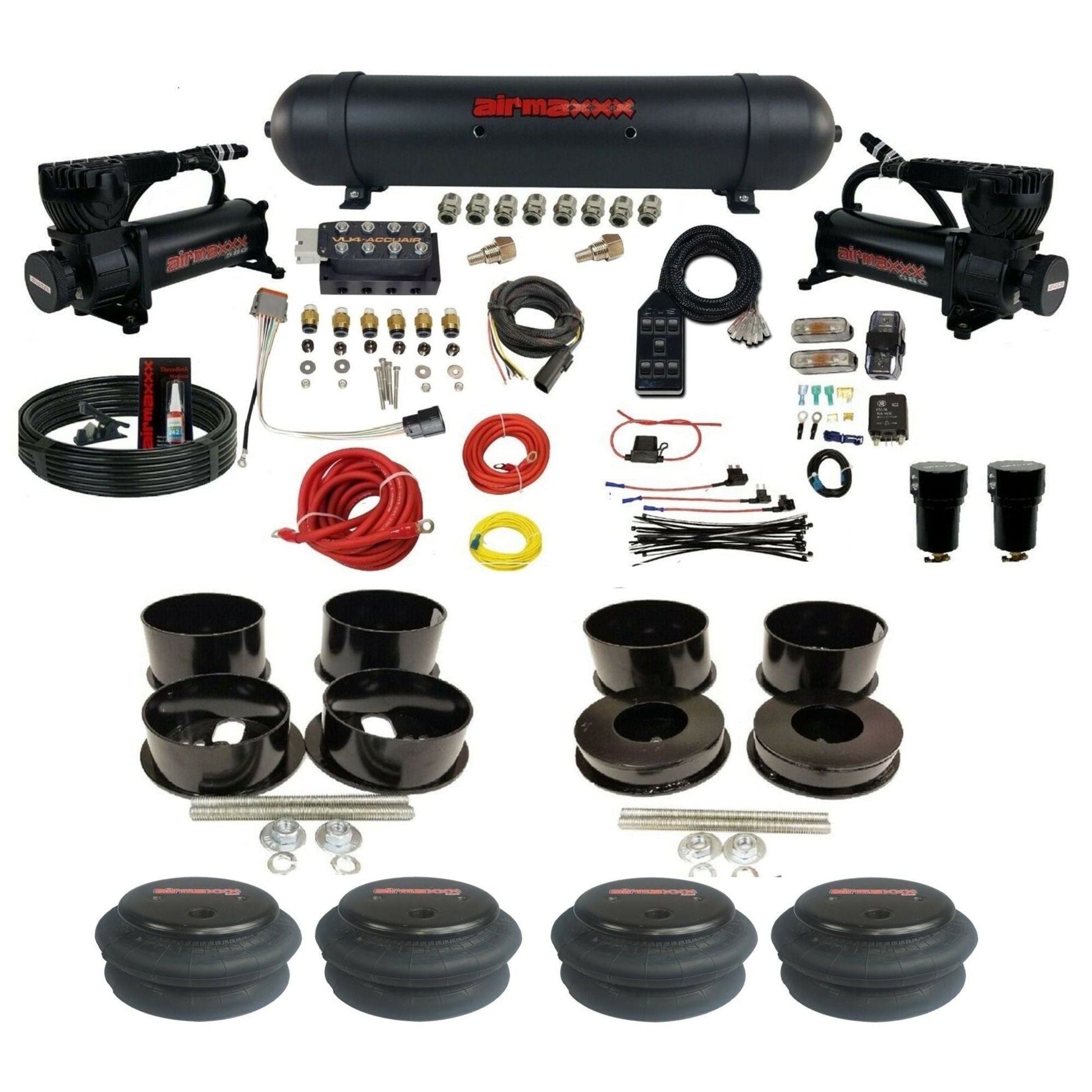 AccuAir VU4 dual 580 black compressors aluminum tank 2600 bags air ride kit for 1971–1996 GM B-Body KBBDY-580B2-57ABK-VU4-7BK-WK-HF