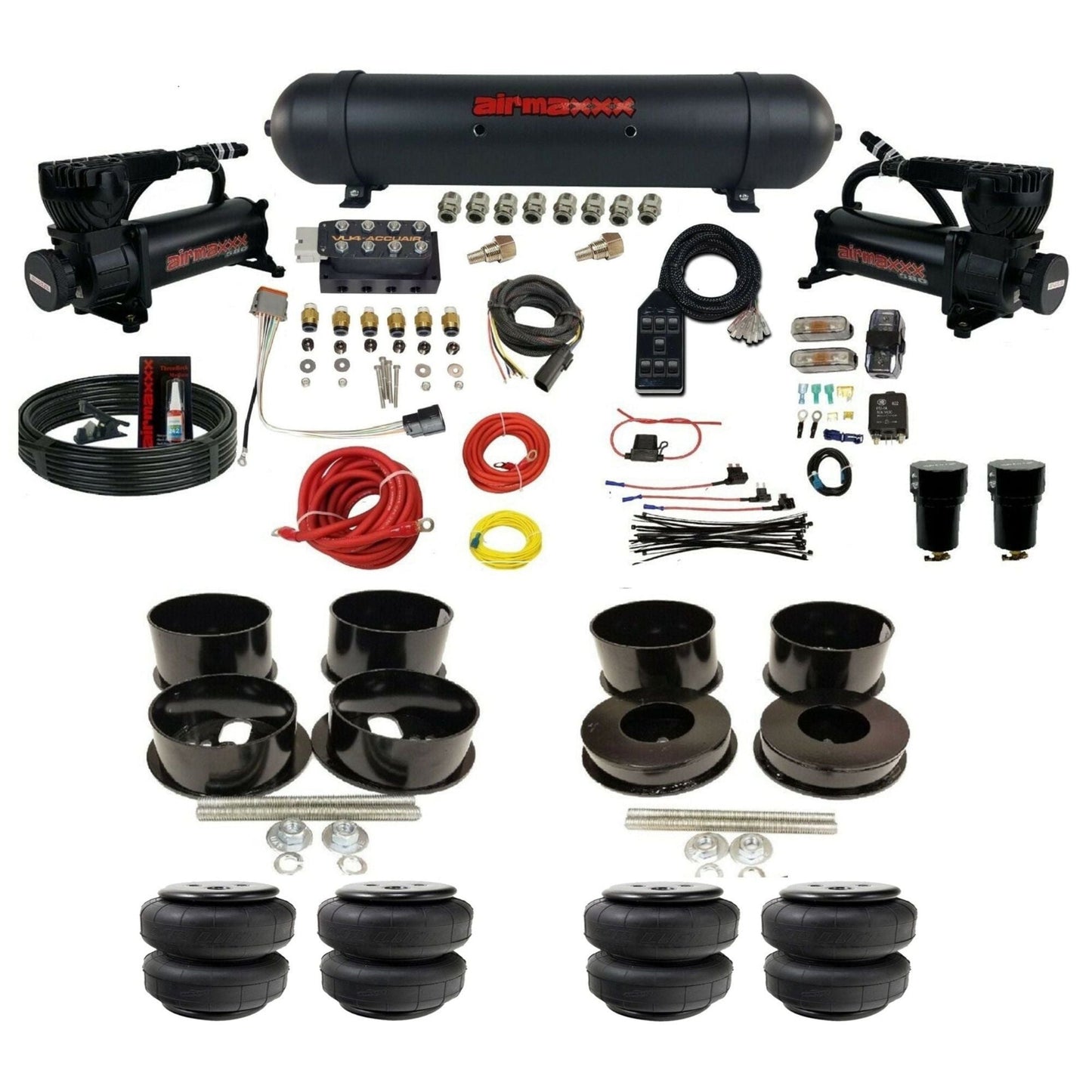 AccuAir VU4 dual 580 black compressors aluminum tank airlift bags air ride kit for 1971–1996 GM B-Body KBBDY-580B2-57ABK-VU4-7BK-WK-HFD25