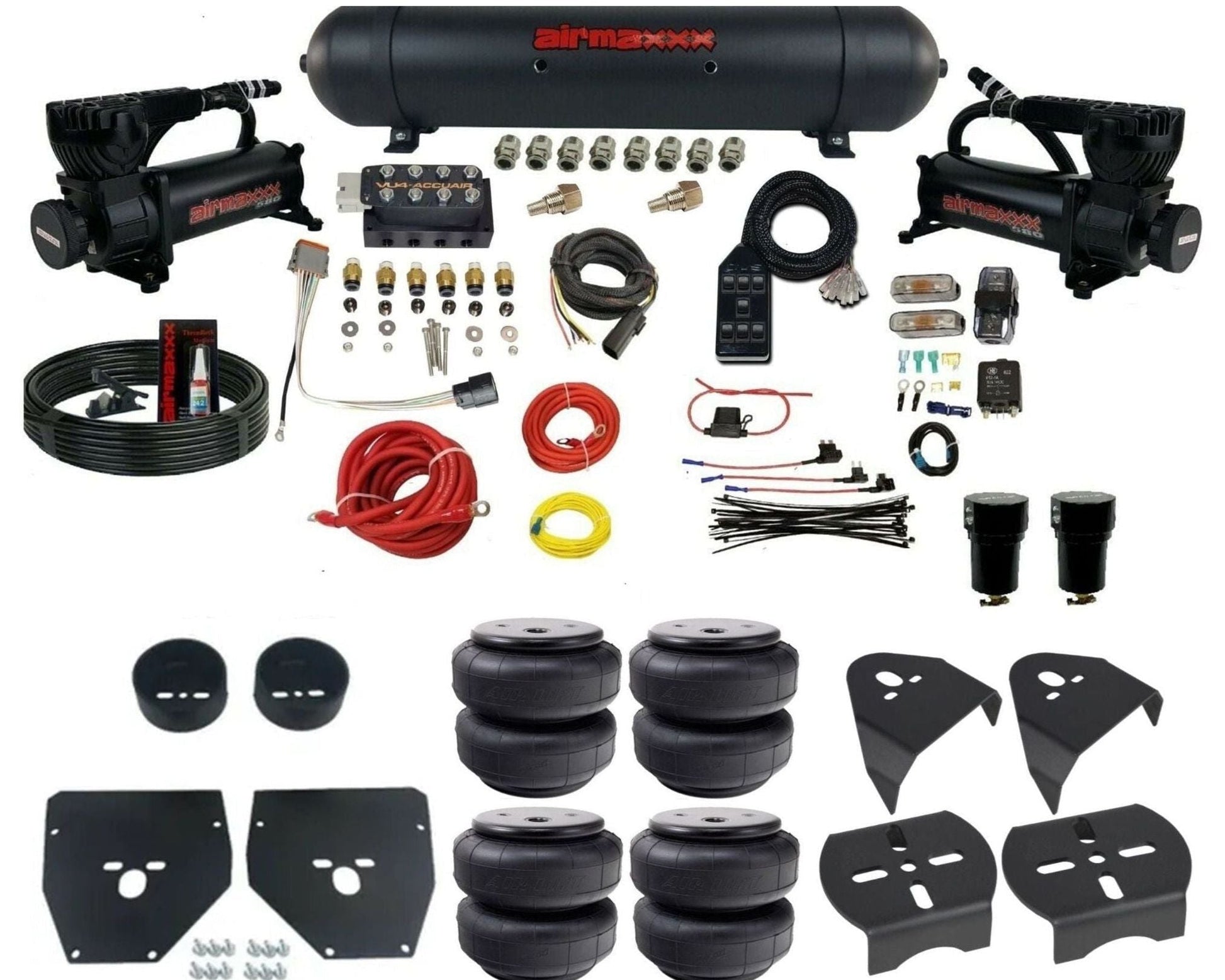 AccuAir VU4 dual 580 black compressors aluminum tank airlift bags air ride kit for 1973–1987 Chevy C10 KC1073-580B2-57ABK-VU4-7BK-WK-HFD26