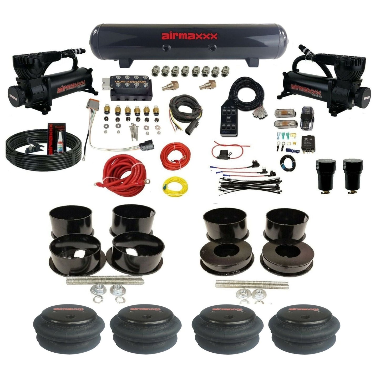 AccuAir VU4 dual 580 black compressors steel tank 2600 bags air ride kit for 1971–1996 GM B-Body KBBDY-580B2-57S-VU4-7BK-WK-HF