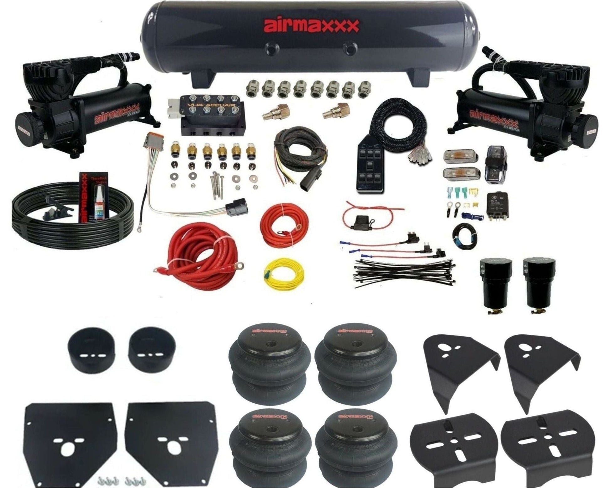 AccuAir VU4 dual 580 black compressors steel tank 2600 bags air ride kit for 1973–1987 Chevy C10 KC1073-580B2-57S-VU4-7BK-WK-HF