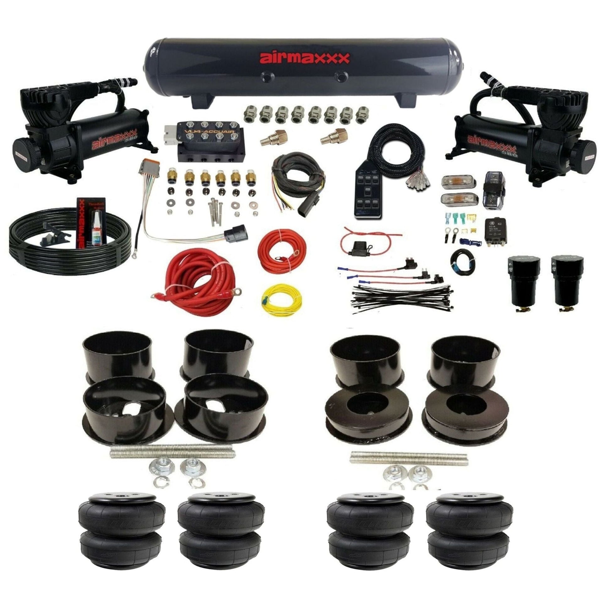 AccuAir VU4 dual 580 black compressors steel tank airlift bags air ride kit for 1971–1996 GM B-Body KBBDY-580B2-57S-VU4-7BK-WK-HFD25