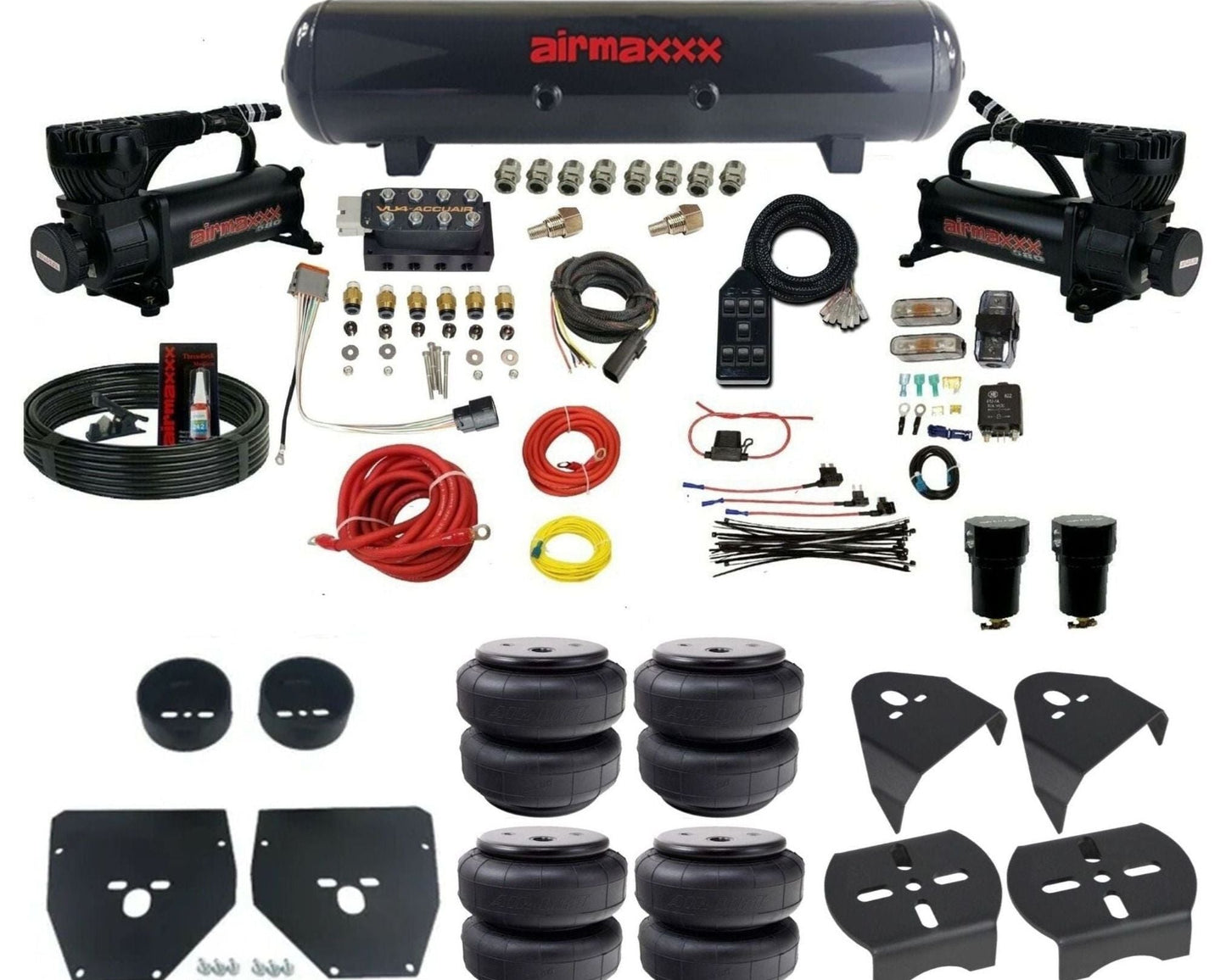 AccuAir VU4 dual 580 black compressors steel tank airlift bags air ride kit for 1973–1987 Chevy C10 KC1073-580B2-57S-VU4-7BK-WK-HFD26