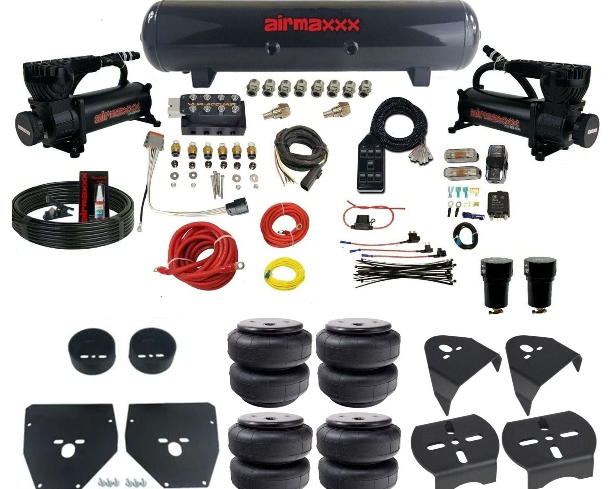 AccuAir VU4 dual 580 black compressors steel tank airlift bags air ride kit for 1973–1987 Chevy C10 KC1073-580B2-57S-VU4-7BK-WK-HFD26