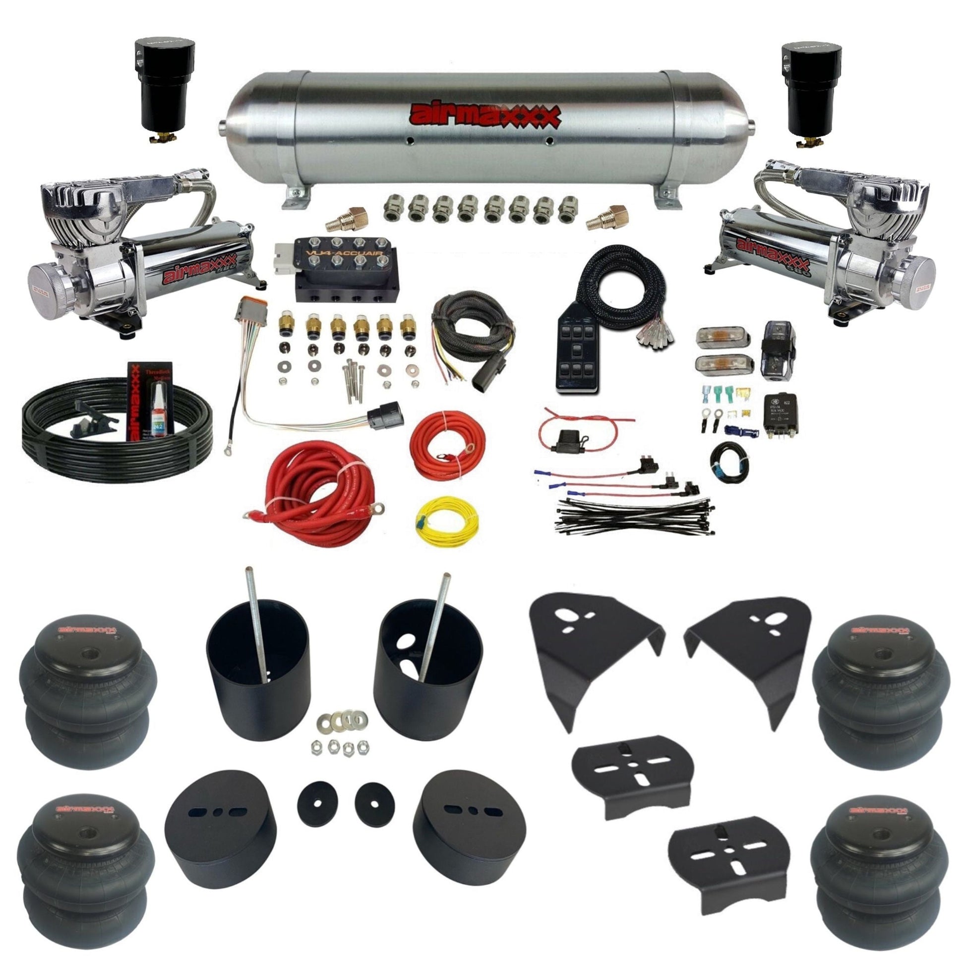 AccuAir VU4 dual 580 chrome compressors aluminum tank 2600 bags air ride kit for 1999–2006 Silverado/Sierra KGM99-580C2-57ARW-VU4-7BK-WK-HF