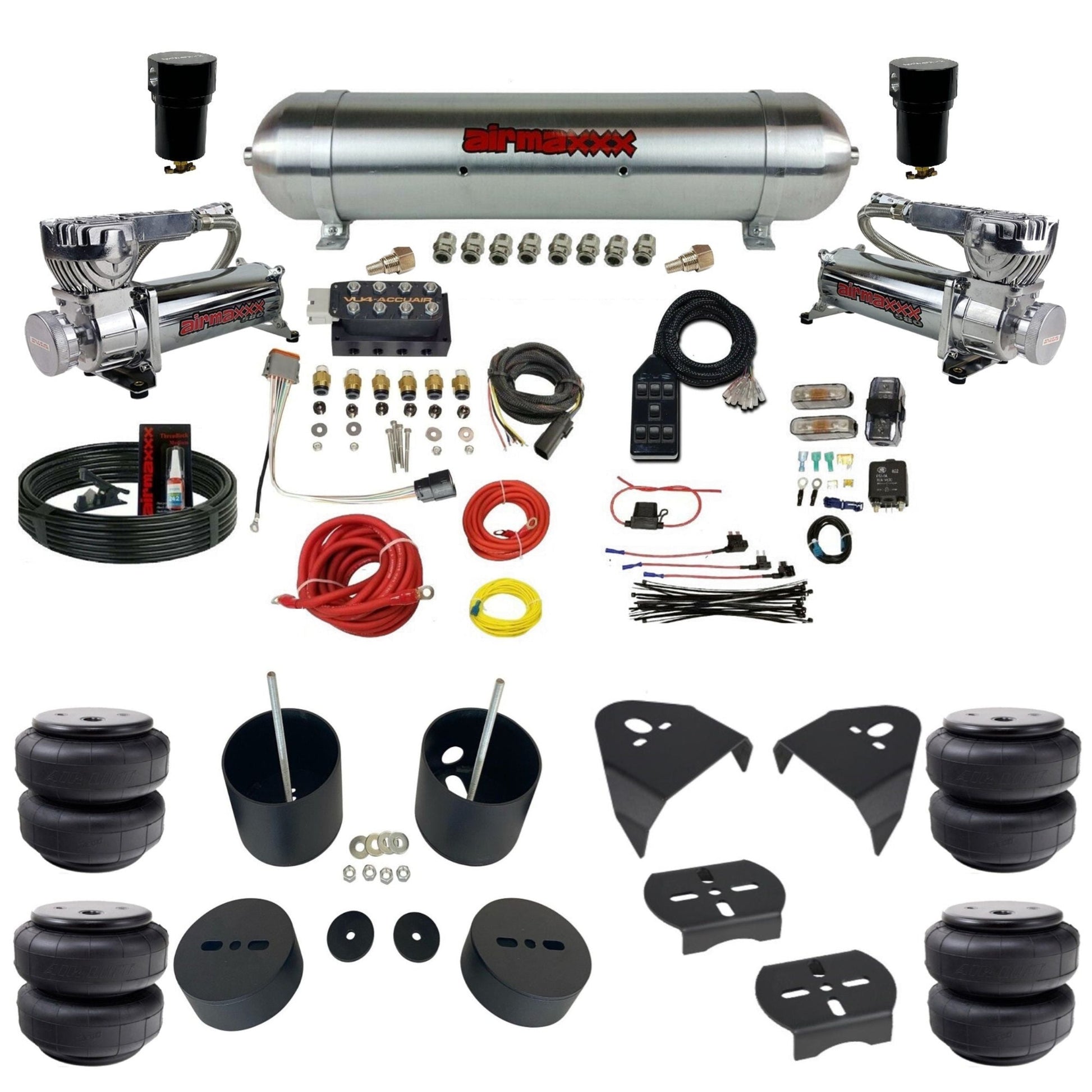 AccuAir VU4 dual 580 chrome compressors aluminum tank airlift bags air ride kit for 1999–2006 Silverado/Sierra KGM99-580C2-57ARW-VU4-7BK-WK-HFD26