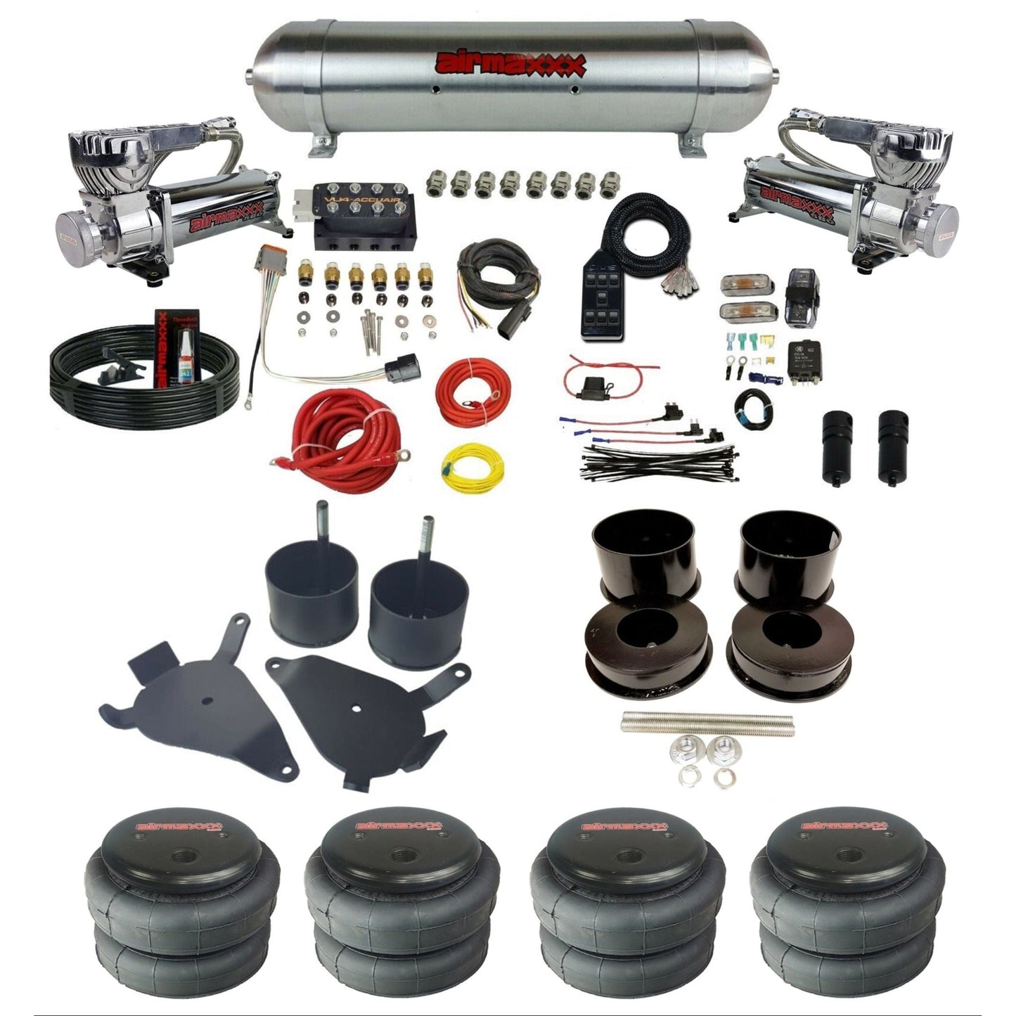 AccuAir VU4 dual 580 chrome compressors raw aluminum tank 2500 bags air ride kit for 1978–1988 GM G-Body KGBDY-580C2-57ARW-VU4-7BK-WK-HF