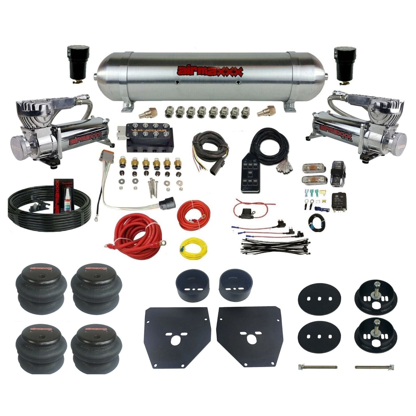 AccuAir VU4 dual 580 chrome compressors raw aluminum tank 2600 bags air ride kit for 1963–1972 Chevy C10/C20/C30 KC1063-580C2-57ARAW-VU4-7BK-WK-HF