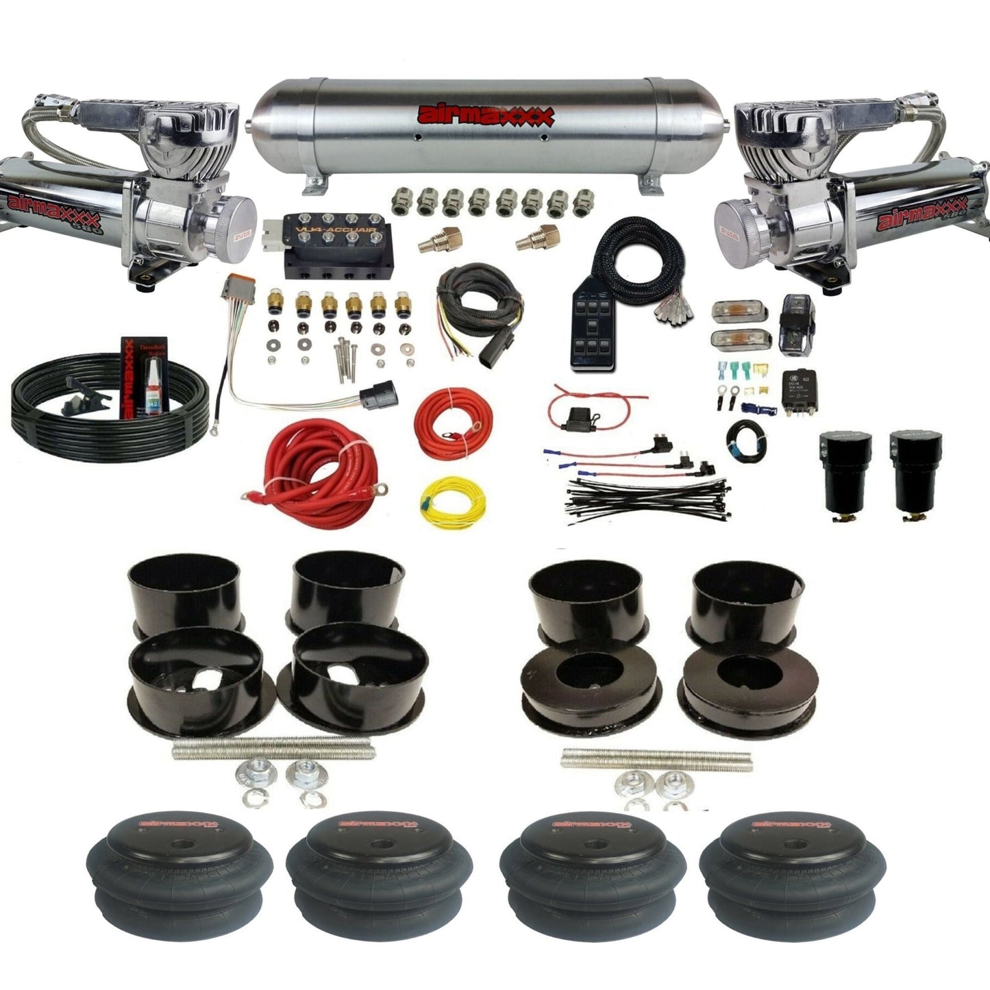 AccuAir VU4 dual 580 chrome compressors raw aluminum tank 2600 bags air ride kit for 1971–1996 GM B-Body KBBDY-580C2-57ARW-VU4-7BK-WK-HF