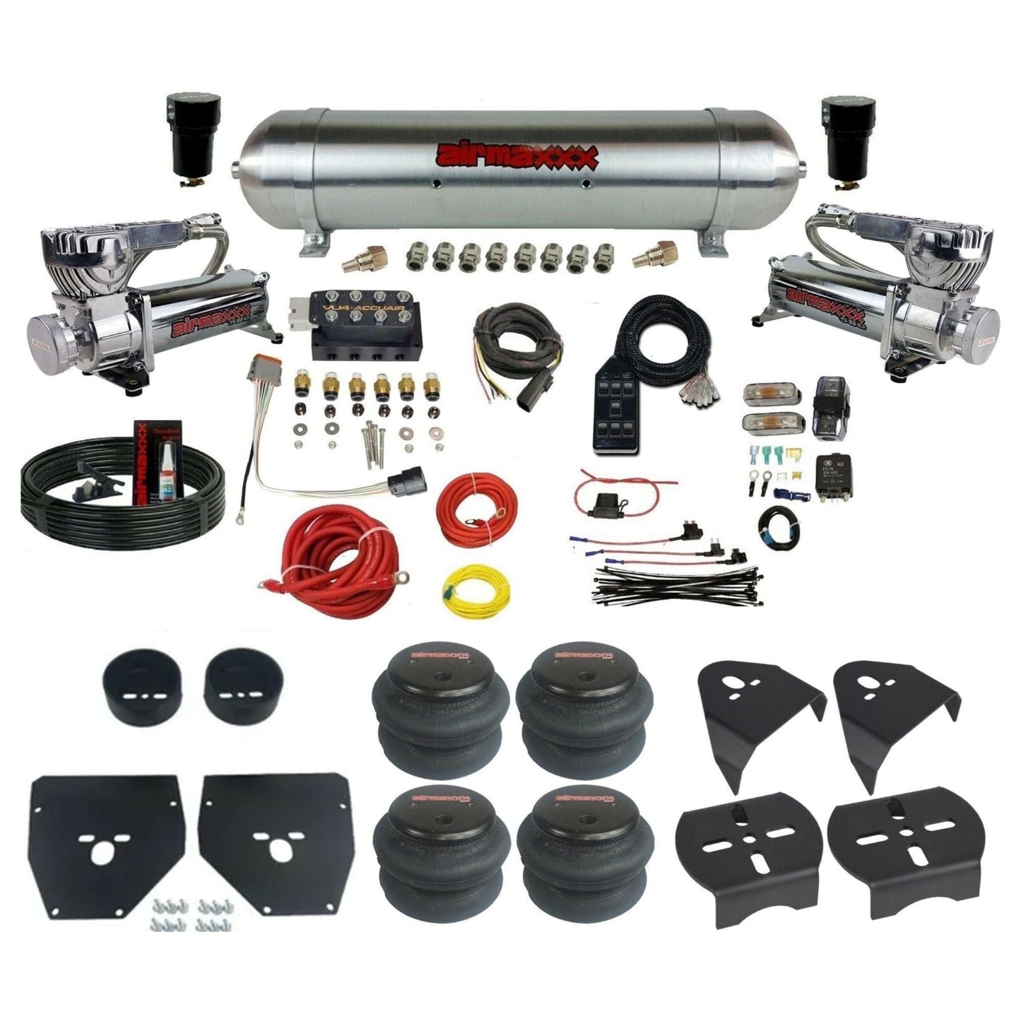 AccuAir VU4 dual 580 chrome compressors raw aluminum tank 2600 bags air ride kit for 1973–1987 Chevy C10 KC1073-580C2-57ARAW-VU4-7BK-WK-HF