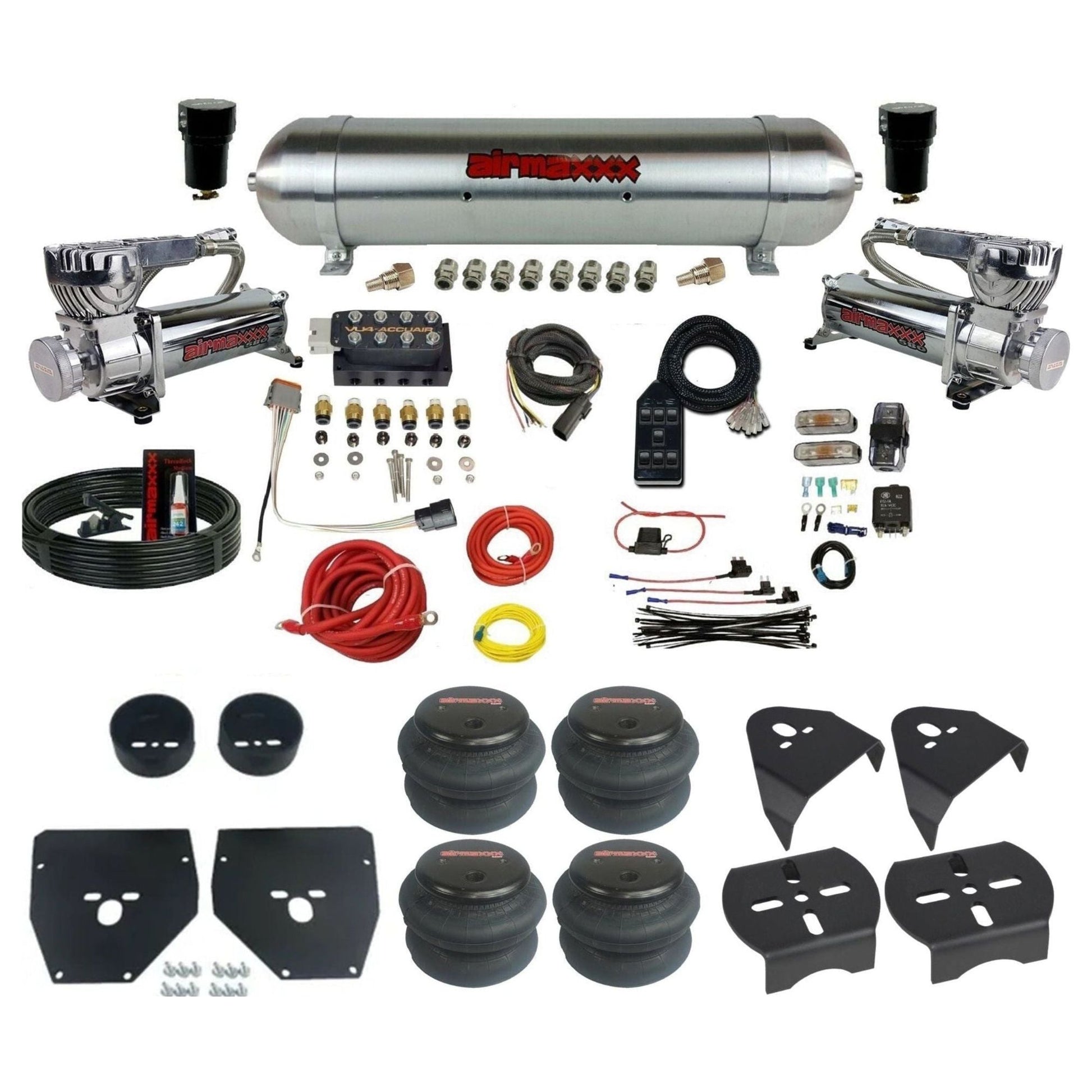 AccuAir VU4 dual 580 chrome compressors raw aluminum tank 2600 bags air ride kit for 1973–1987 Chevy C10 KC1073-580C2-57ARAW-VU4-7BK-WK-HF