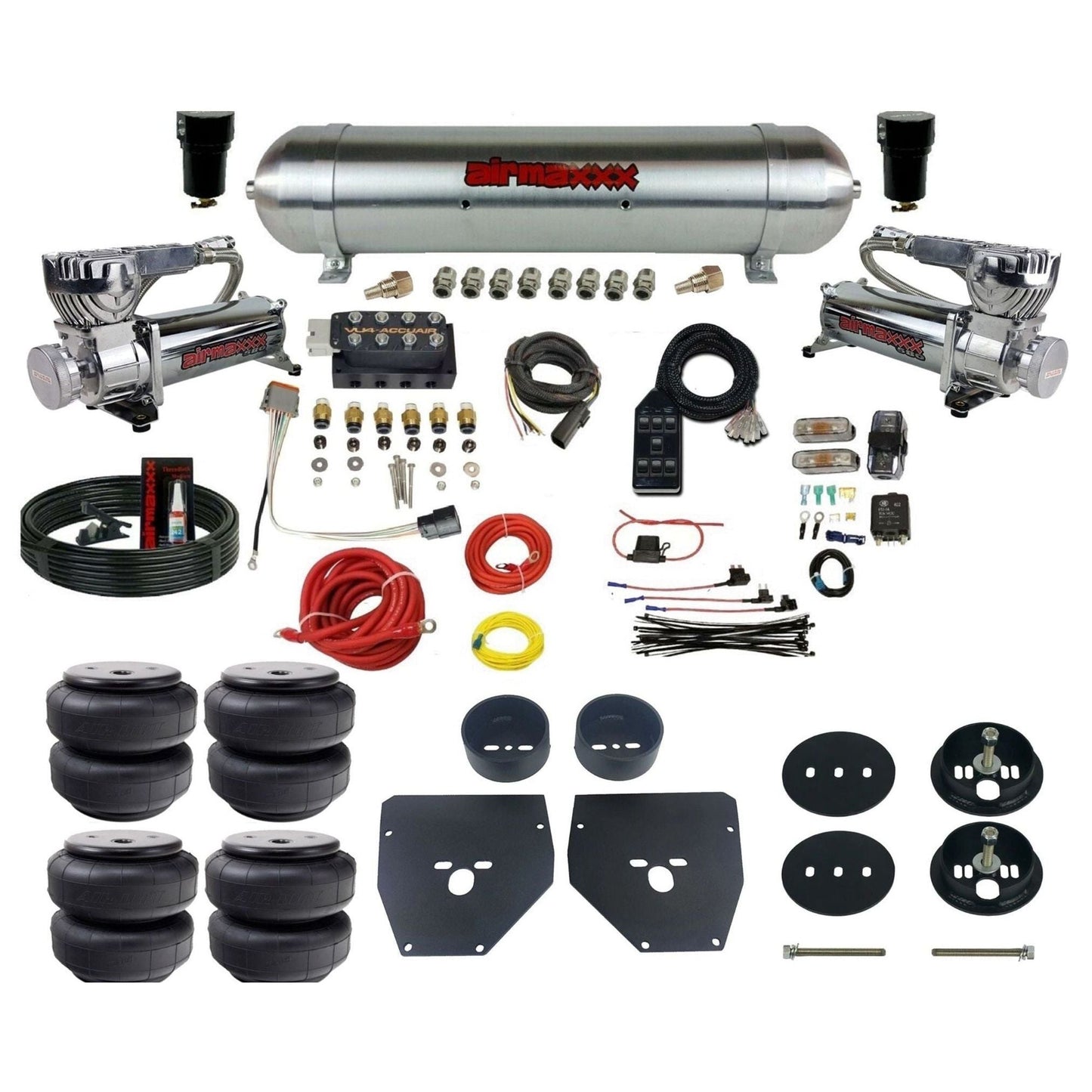 AccuAir VU4 dual 580 chrome compressors raw aluminum tank airlift bags air ride kit for 1963–1972 Chevy C10/C20/C30 KC1063-580C2-57ARAW-VU4-7BK-WK-HFD26