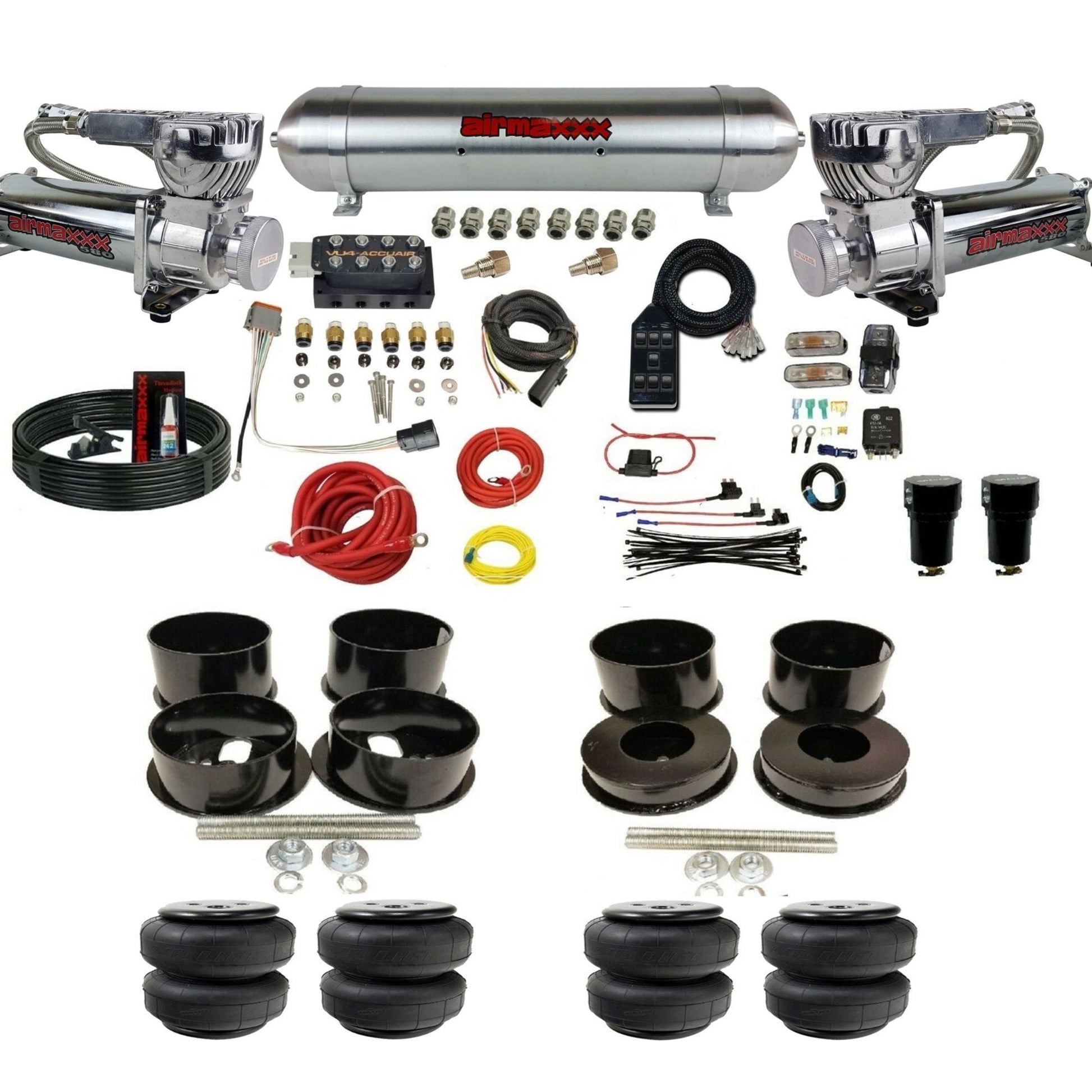 AccuAir VU4 dual 580 chrome compressors raw aluminum tank airlift bags air ride kit for 1971–1996 GM B-Body KBBDY-580C2-57ARW-VU4-7BK-WK-HFD25