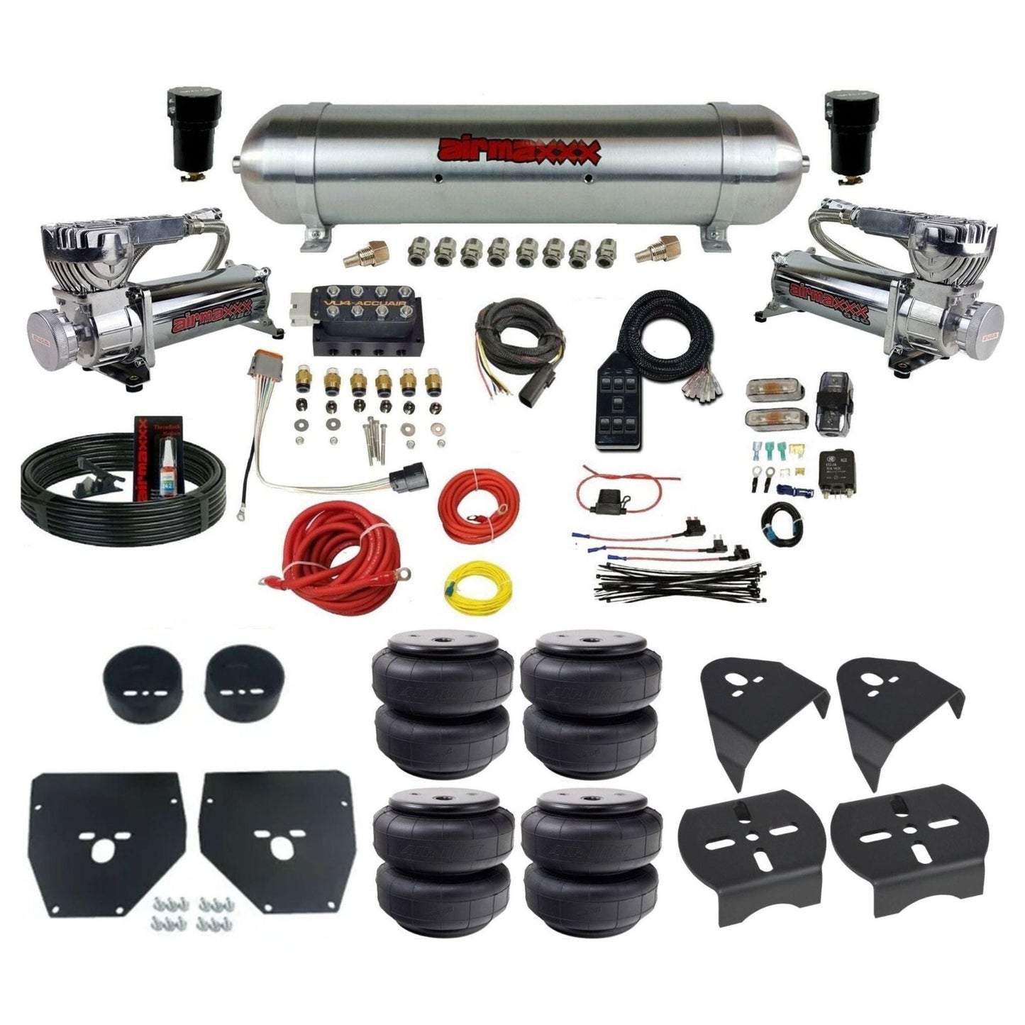 AccuAir VU4 dual 580 chrome compressors raw aluminum tank airlift bags air ride kit for 1973–1987 Chevy C10 KC1073-580C2-57ARAW-VU4-7BK-WK-HFD26