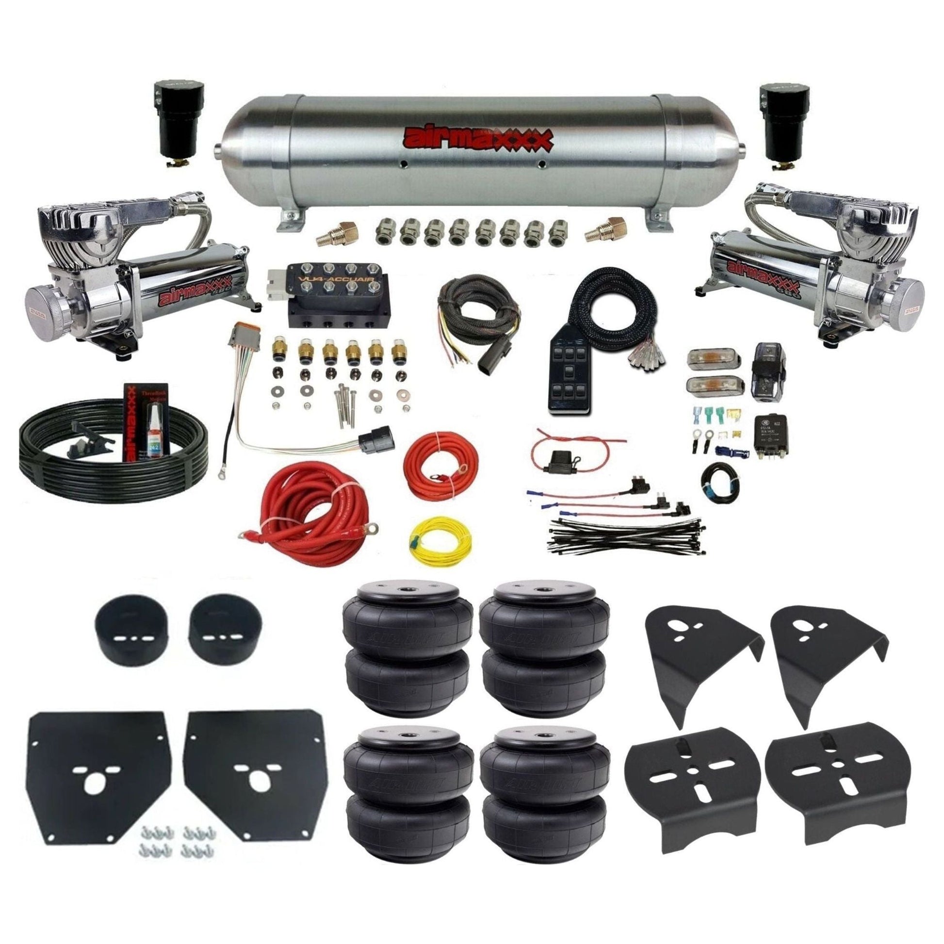 AccuAir VU4 dual 580 chrome compressors raw aluminum tank airlift bags air ride kit for 1973–1987 Chevy C10 KC1073-580C2-57ARAW-VU4-7BK-WK-HFD26