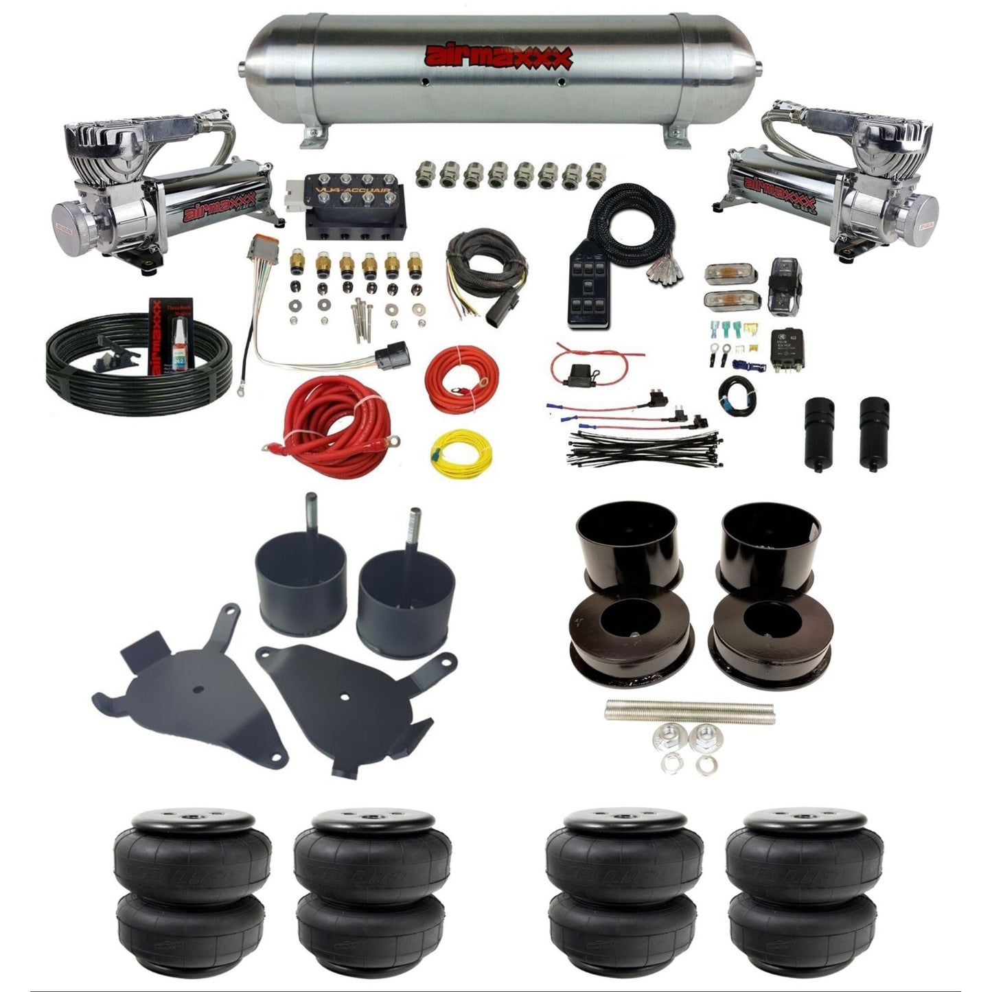 AccuAir VU4 dual 580 chrome compressors raw aluminum tank airlift bags air ride kit for 1978–1988 GM G-Body KGBDY-580C2-57ARW-VU4-7BK-WK-HFD25