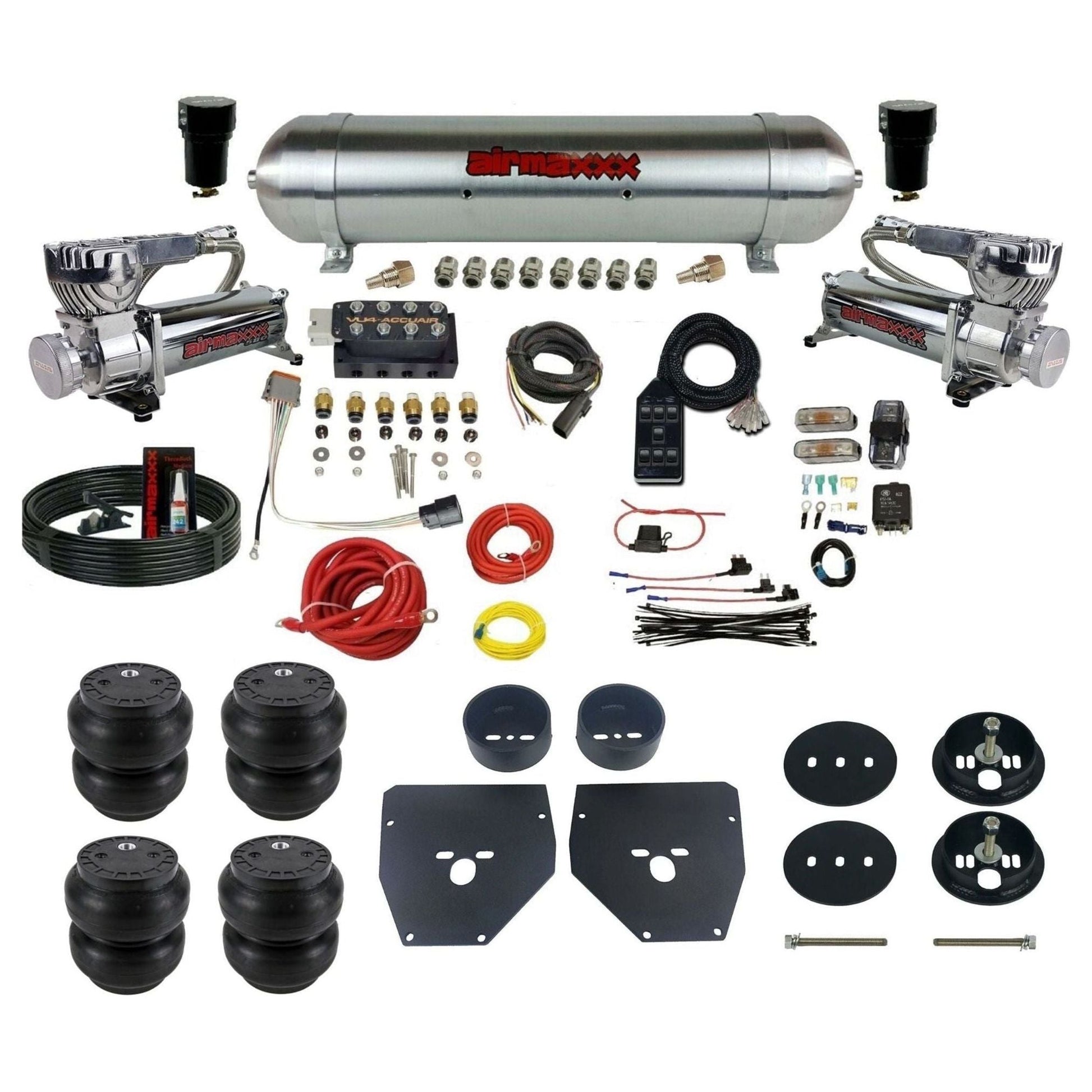 AccuAir VU4 dual 580 chrome compressors raw aluminum tank slam bags air ride kit for 1963–1972 Chevy C10/C20/C30 KC1063-580C2-57ARAW-VU4-7BK-WK-HFSS7