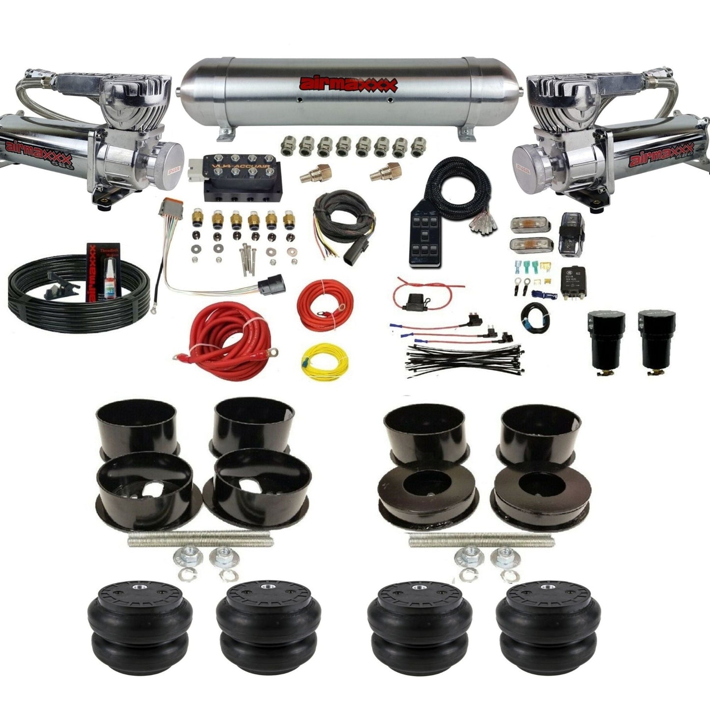 AccuAir VU4 dual 580 chrome compressors raw aluminum tank slam bags air ride kit for 1971–1996 GM B-Body KBBDY-580C2-57ARW-VU4-7BK-WK-HFSS7