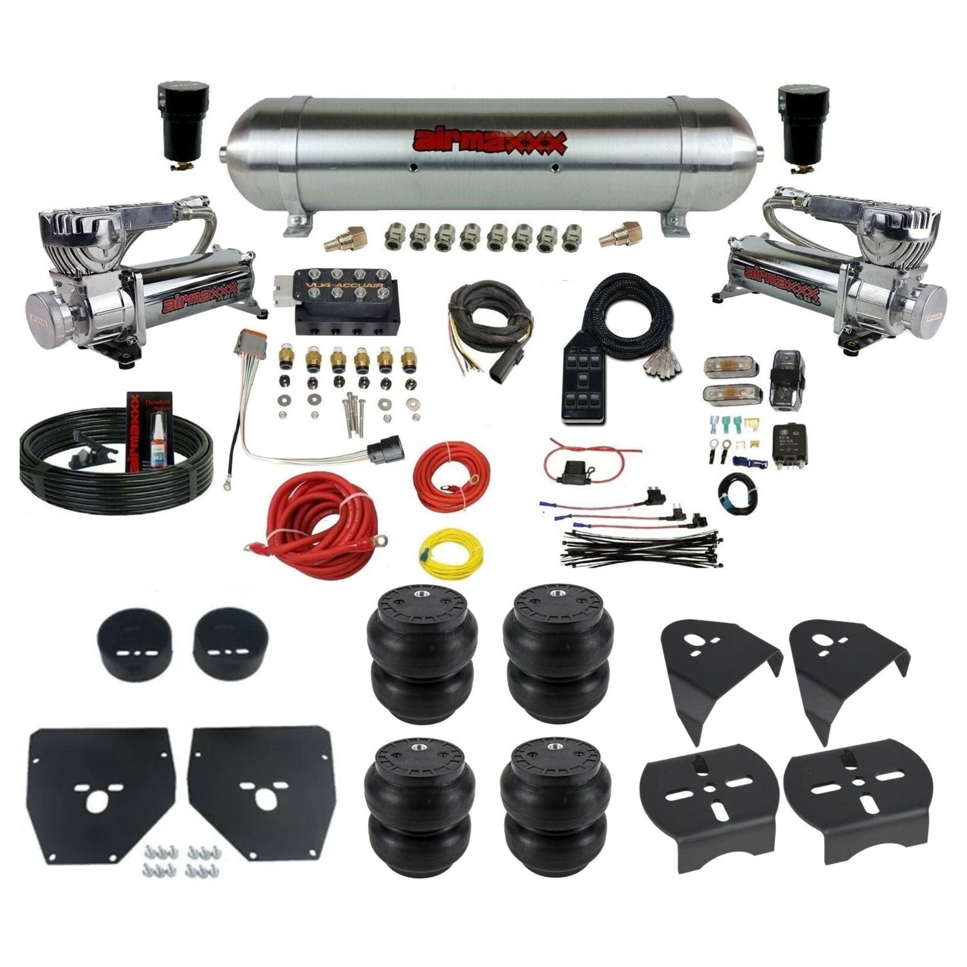 AccuAir VU4 dual 580 chrome compressors raw aluminum tank slam bags air ride kit for 1973–1987 Chevy C10 KC1073-580C2-57ARAW-VU4-7BK-WK-HFSS7