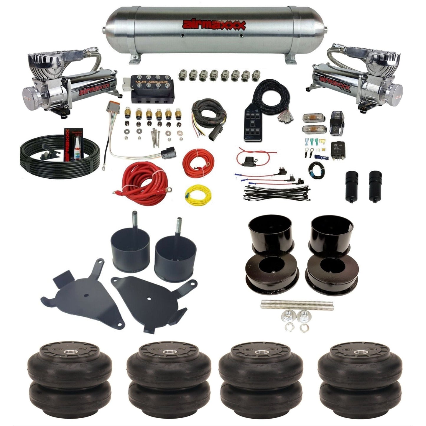 AccuAir VU4 dual 580 chrome compressors raw aluminum tank slam bags air ride kit for 1978–1988 GM G-Body KGBDY-580C2-57ARW-VU4-7BK-WK-HFSS6