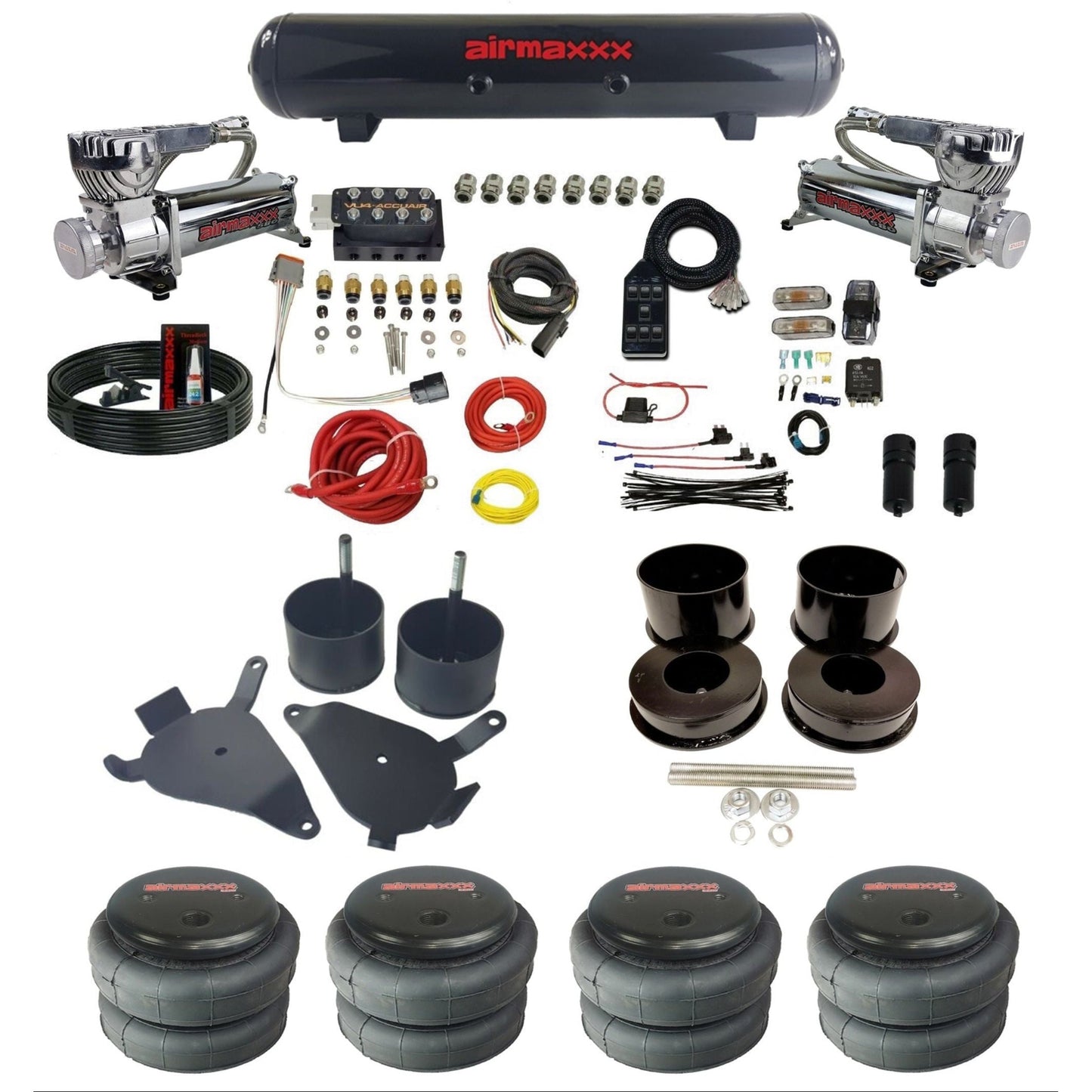AccuAir VU4 dual 580 chrome compressors steel tank 2500 bags air ride kit for 1978–1988 GM G-Body KGBDY-580C2-57S-VU4-7BK-WK-HF