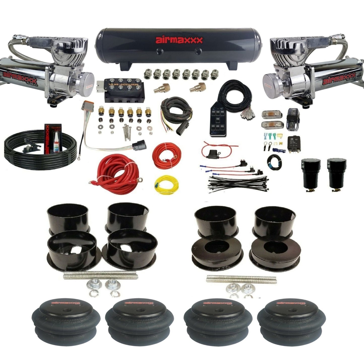 AccuAir VU4 dual 580 chrome compressors steel tank 2600 bags air ride kit for 1971–1996 GM B-Body KBBDY-580C2-57S-VU4-7BK-WK-HF
