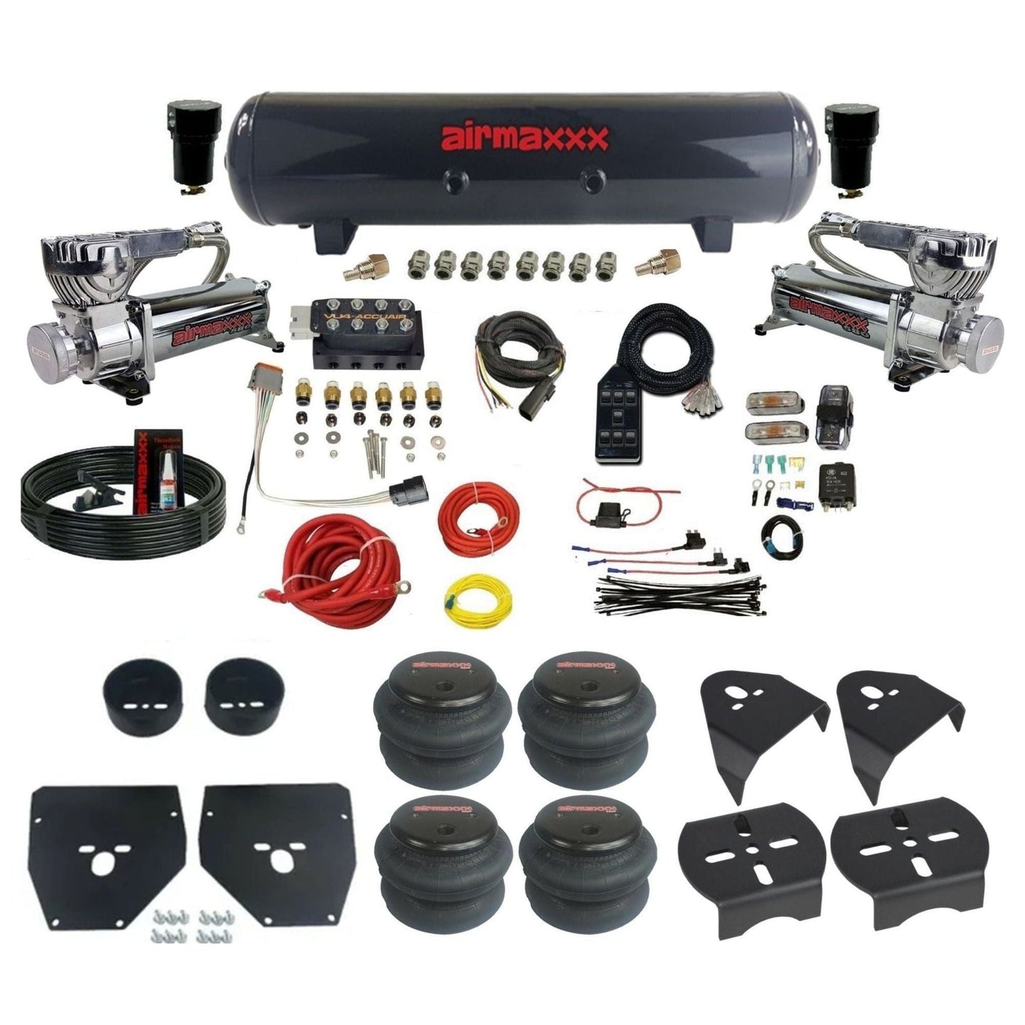 AccuAir VU4 dual 580 chrome compressors steel tank 2600 bags air ride kit for 1973–1987 Chevy C10 KC1073-580C2-57S-VU4-7BK-WK-HF