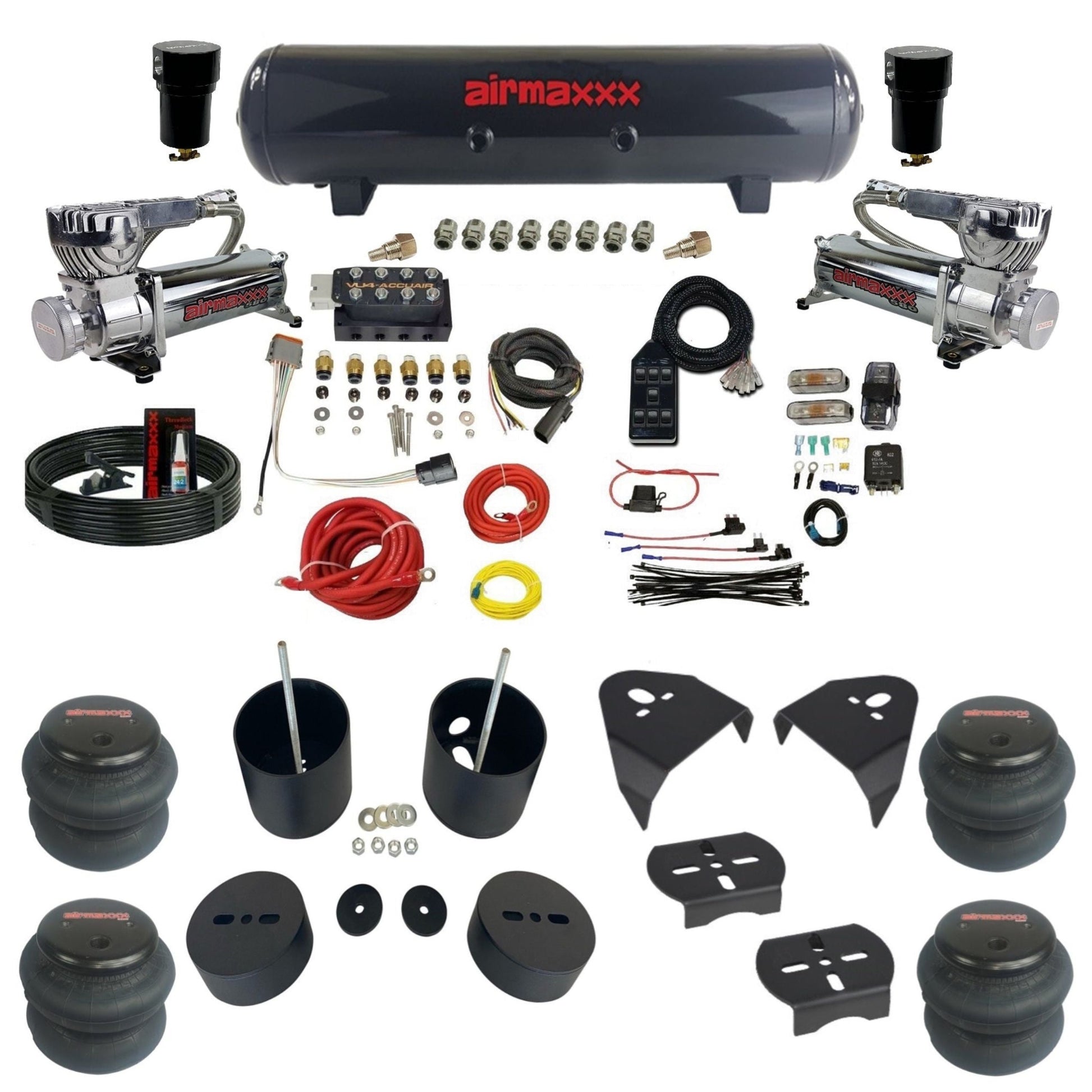 AccuAir VU4 dual 580 chrome compressors steel tank 2600 bags air ride kit for 1999–2006 Silverado/Sierra KGM99-580C2-57S-VU4-7BK-WK-HF