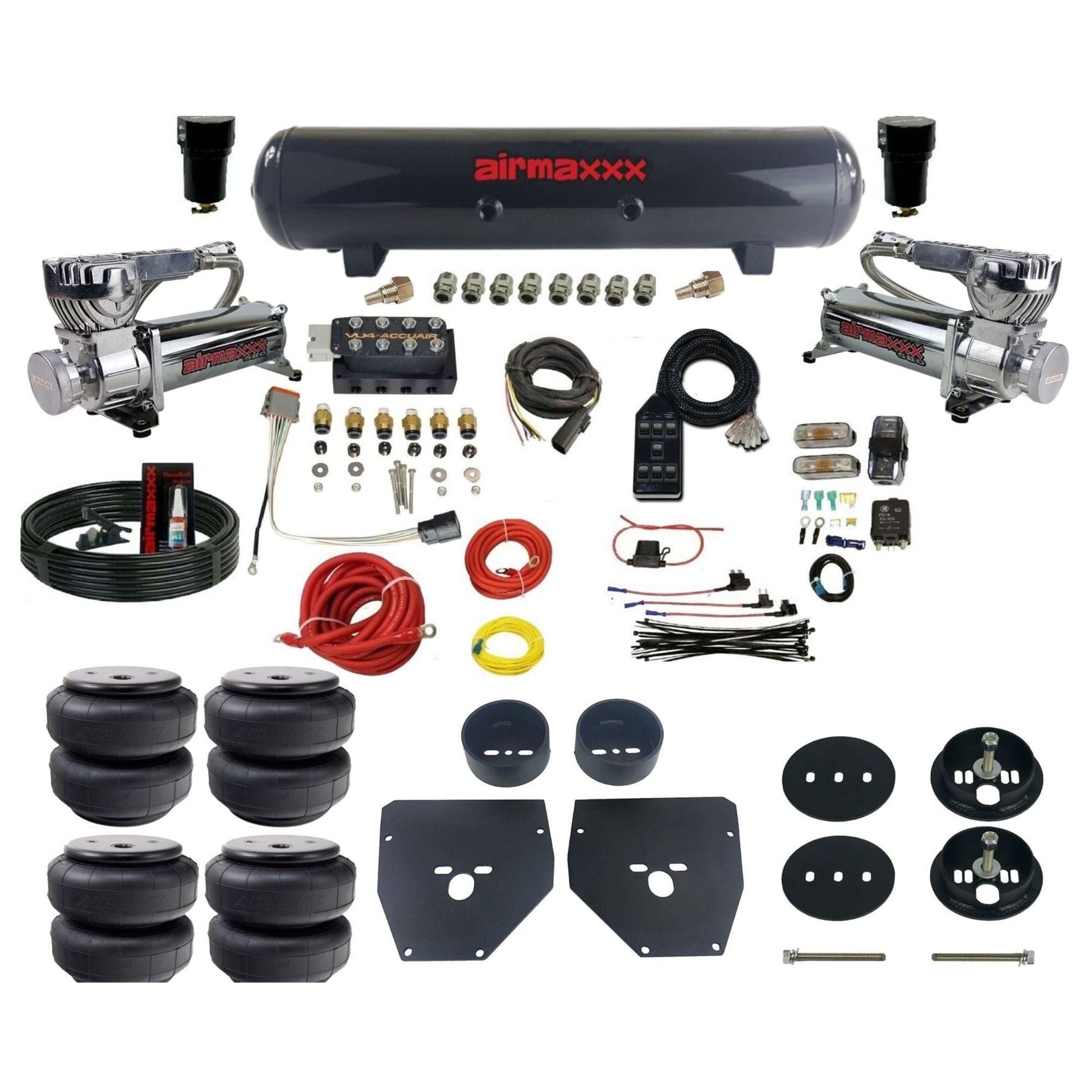 AccuAir VU4 dual 580 chrome compressors steel tank airlift bags air ride kit for 1963–1972 Chevy C10/C20/C30 KC1063-580C2-57S-VU4-7BK-WK-HFD26