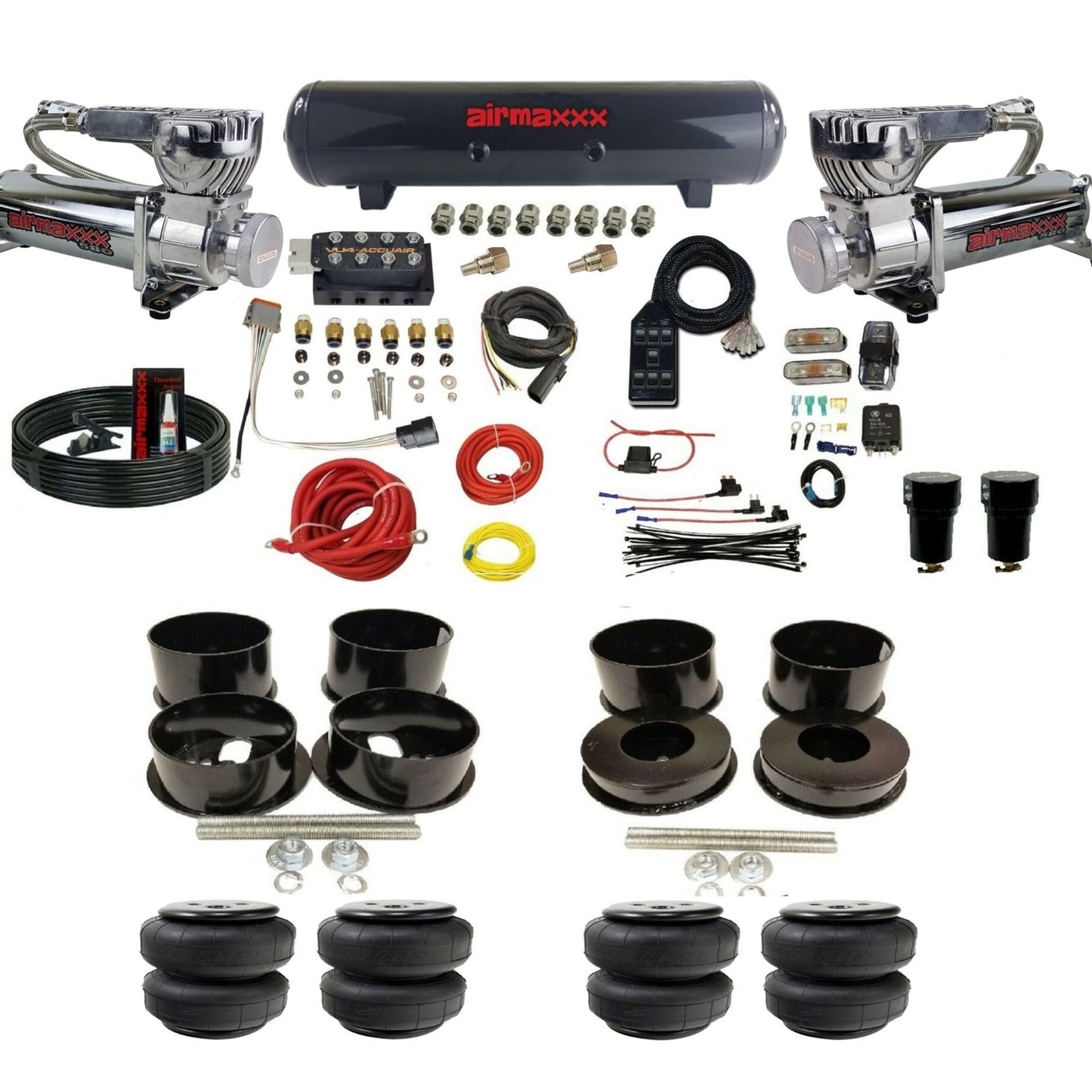 AccuAir VU4 dual 580 chrome compressors steel tank airlift bags air ride kit for 1971–1996 GM B-Body KBBDY-580C2-57S-VU4-7BK-WK-HFD25