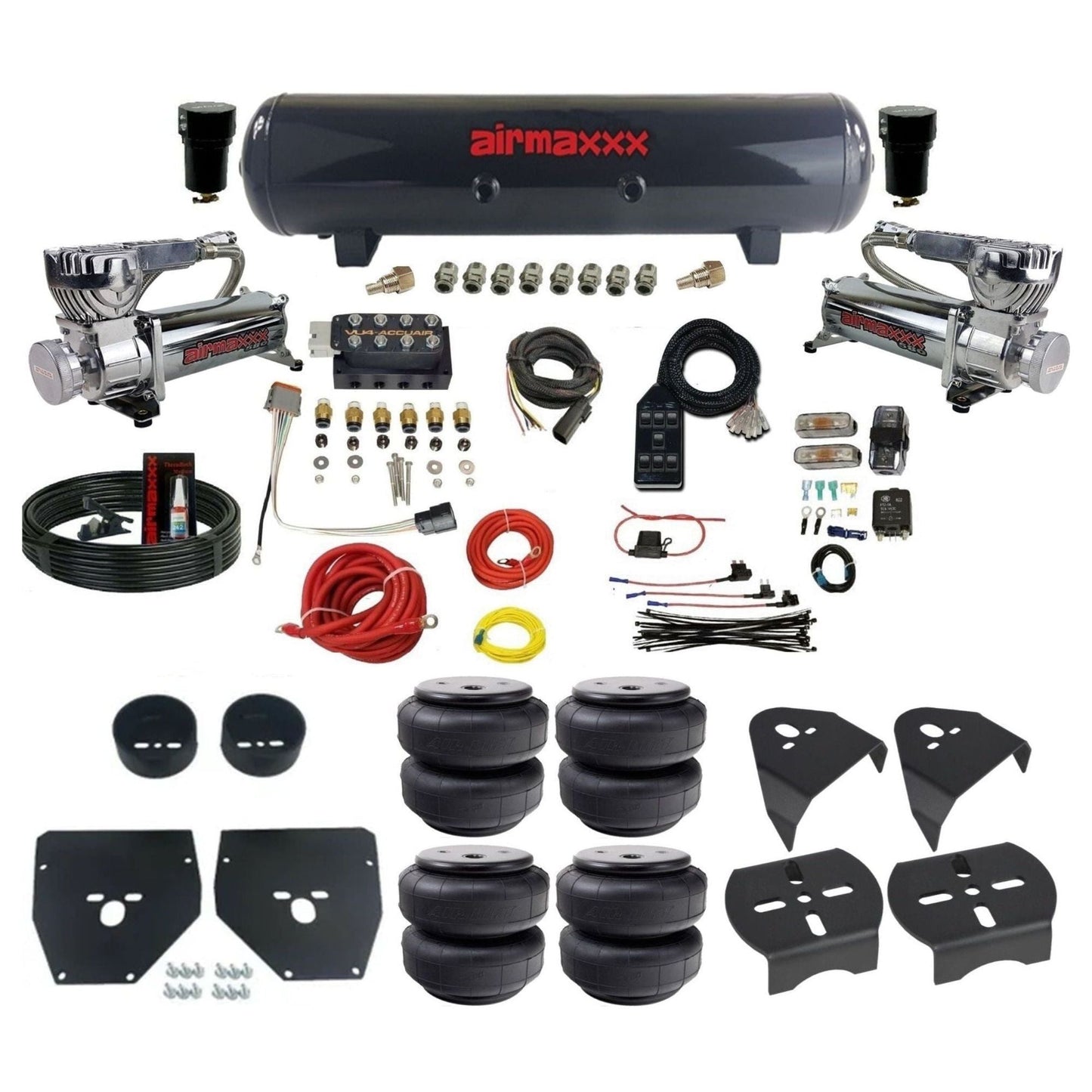 AccuAir VU4 dual 580 chrome compressors steel tank airlift bags air ride kit for 1973–1987 Chevy C10 KC1073-580C2-57S-VU4-7BK-WK-HFD26