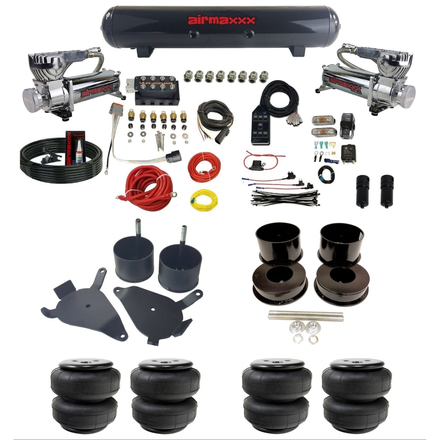 AccuAir VU4 dual 580 chrome compressors steel tank airlift bags air ride kit for 1978–1988 GM G-Body KGBDY-580C2-57S-VU4-7BK-WK-HFD25