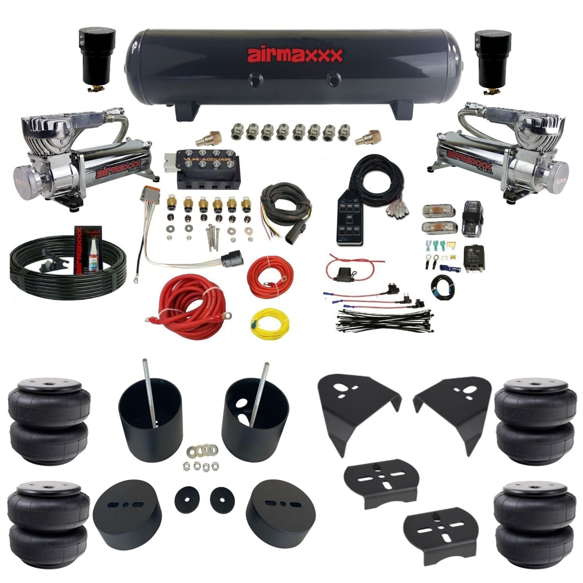 AccuAir VU4 dual 580 chrome compressors steel tank airlift bags air ride kit for 1999–2006 Silverado/Sierra KGM99-580C2-57S-VU4-7BK-WK-HFD26
