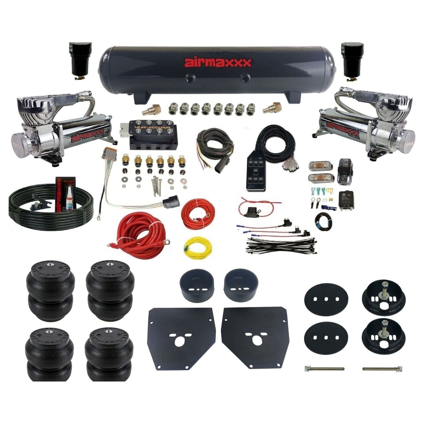 AccuAir VU4 dual 580 chrome compressors steel tank slam bags air ride kit for 1963–1972 Chevy C10/C20/C30 KC1063-580C2-57S-VU4-7BK-WK-HFSS7