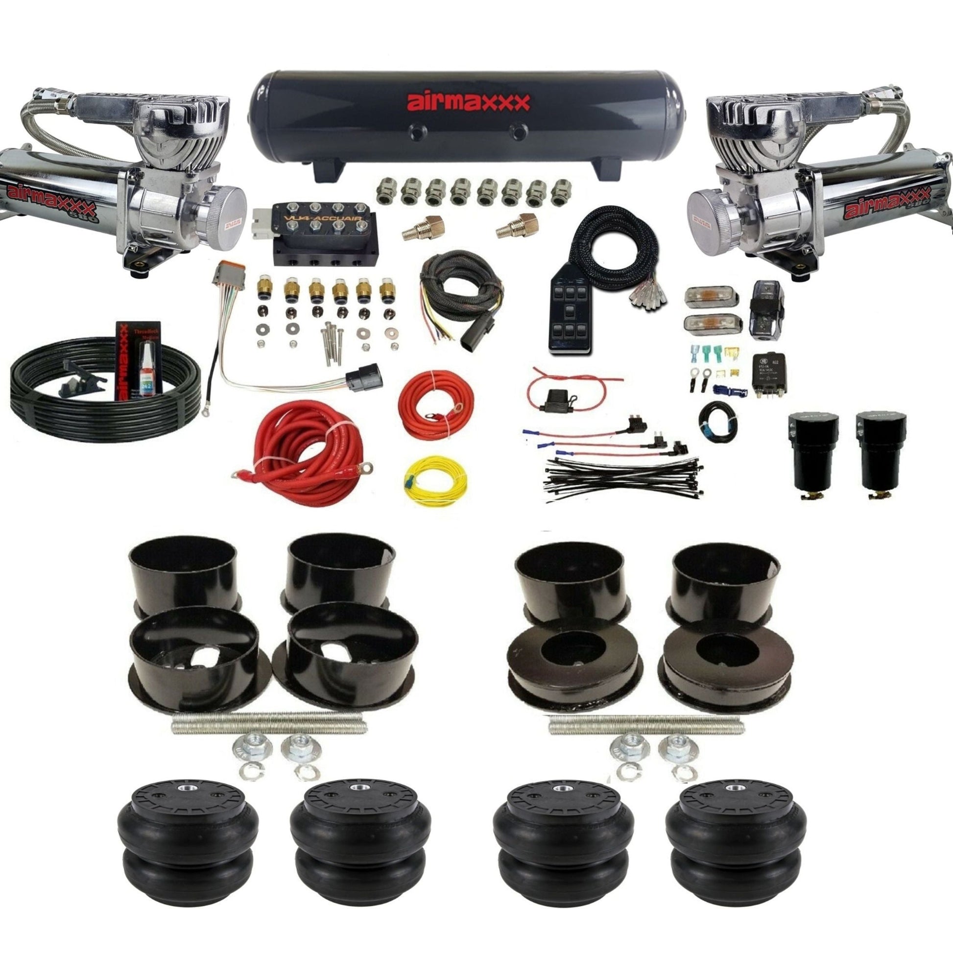 AccuAir VU4 dual 580 chrome compressors steel tank slam bags air ride kit for 1971–1996 GM B-Body KBBDY-580C2-57S-VU4-7BK-WK-HFSS7