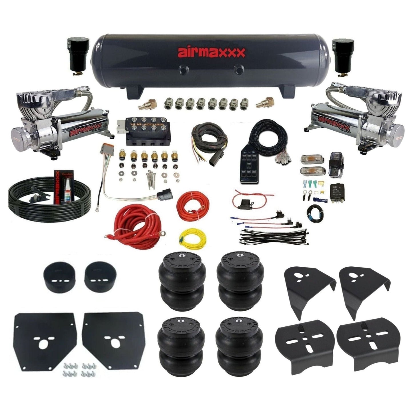 AccuAir VU4 dual 580 chrome compressors steel tank slam bags air ride kit for 1973–1987 Chevy C10 KC1073-580C2-57S-VU4-7BK-WK-HFSS7