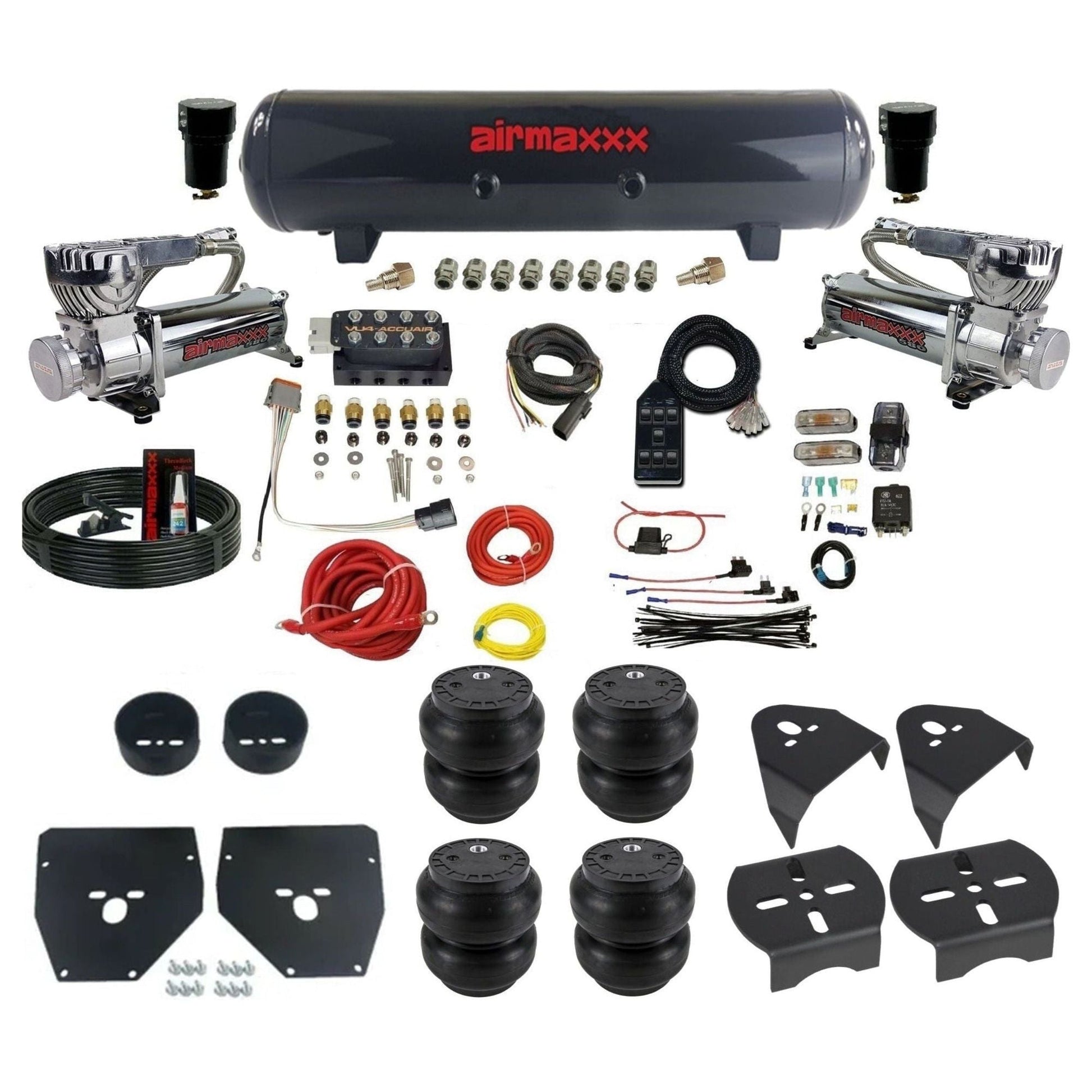 AccuAir VU4 dual 580 chrome compressors steel tank slam bags air ride kit for 1973–1987 Chevy C10 KC1073-580C2-57S-VU4-7BK-WK-HFSS7