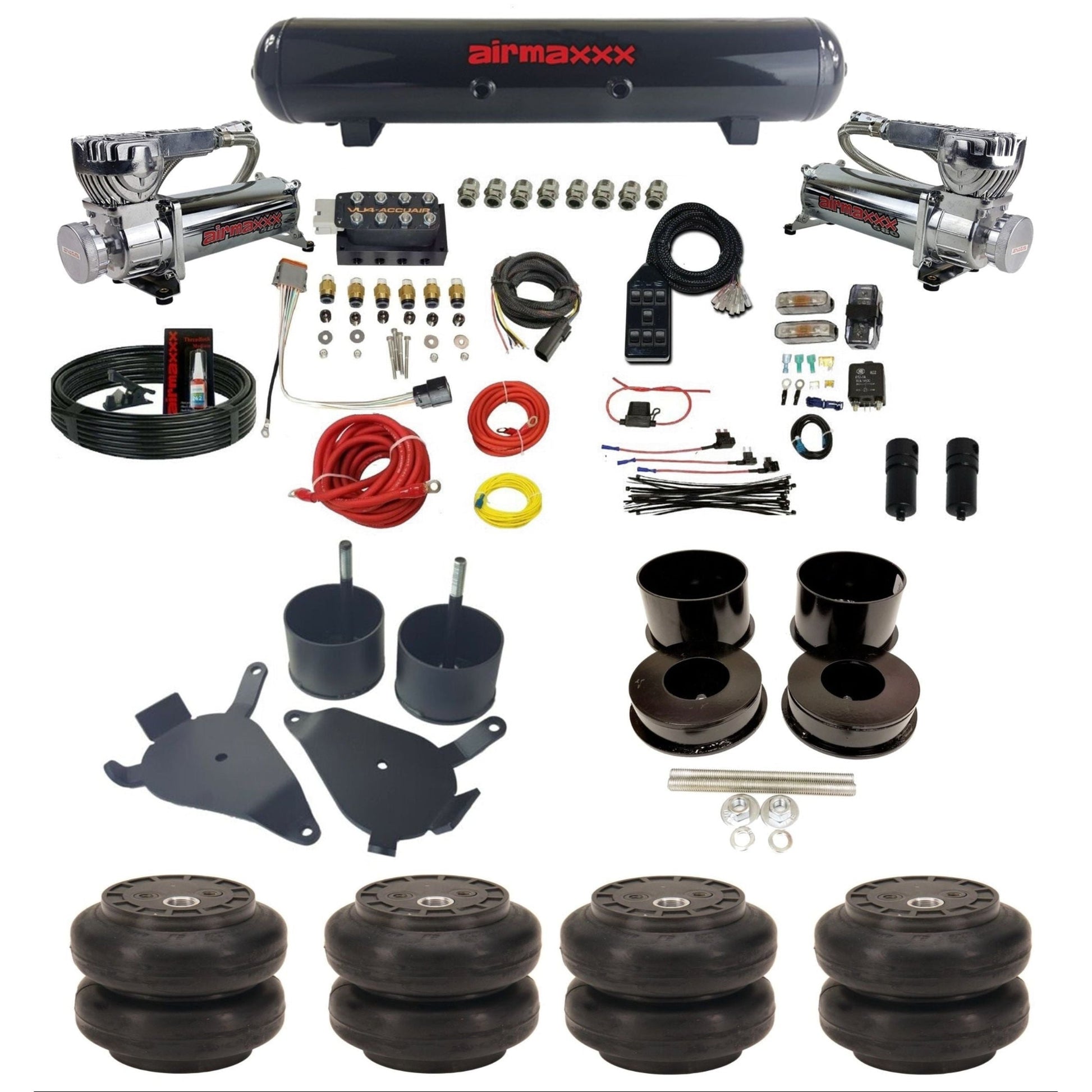 AccuAir VU4 dual 580 chrome compressors steel tank slam bags air ride kit for 1978–1988 GM G-Body KGBDY-580C2-57S-VU4-7BK-WK-HFSS6