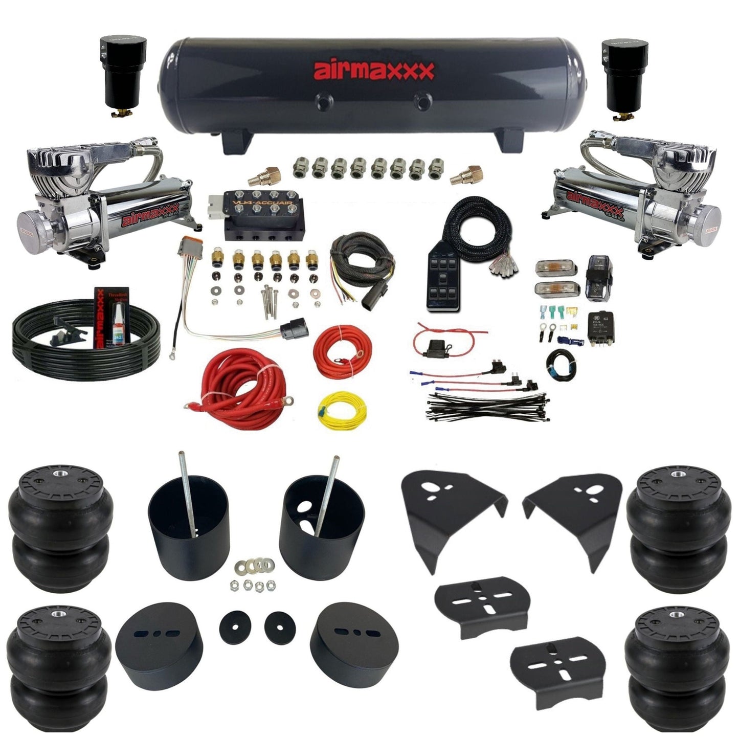 AccuAir VU4 dual 580 chrome compressors steel tank slam bags air ride kit for 1999–2006 Silverado/Sierra KGM99-580C2-57S-VU4-7BK-WK-HFSS7