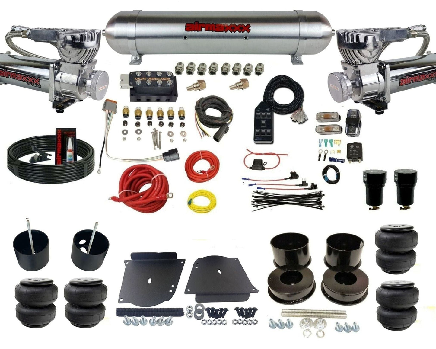 AccuAir VU4 dual 580 chrome raw aluminum tank & airlift bags air ride kit for 1964–1972 GM A-Body KABDY-580C2-57ARW-VU4-7BK-WK-HFD25