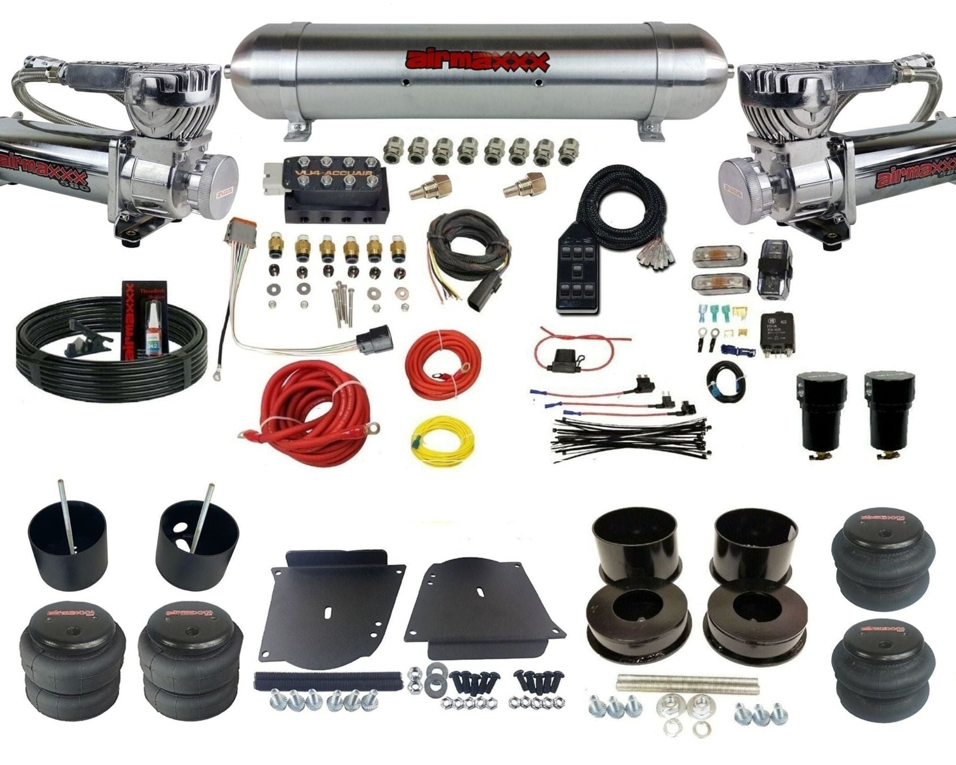 AccuAir VU4 dual 580 chrome raw aluminum tank & bags air ride kit for 1964–1972 GM A-Body KABDY-580C2-57ARW-VU4-7BK-WK-HF