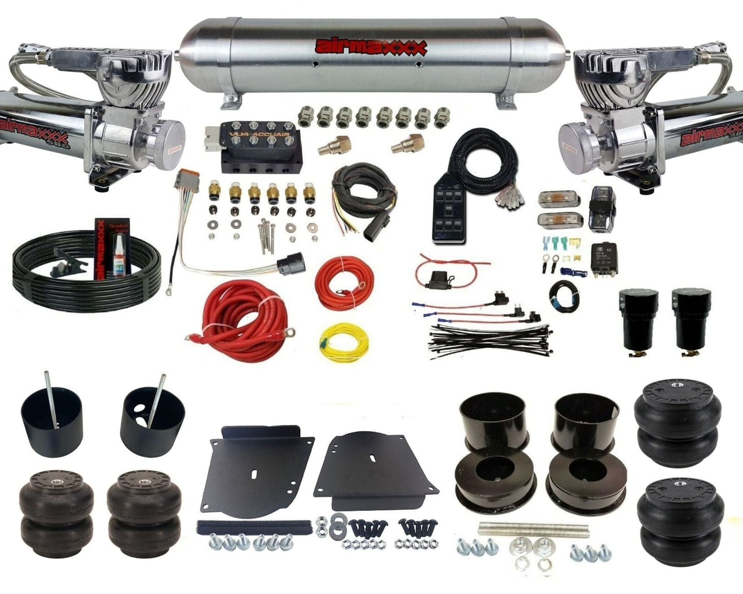 AccuAir VU4 dual 580 chrome raw aluminum tank & slam bags air ride kit for 1964–1972 GM A-Body KABDY-580C2-57ARW-VU4-7BK-WK-HFSS6SS7